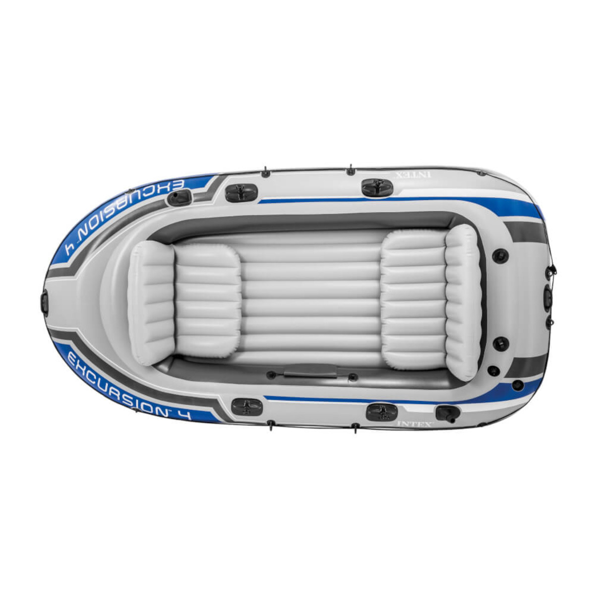 Draufsicht auf ein Schlauchboot, weiß mit blauen und grauen Akzenten.