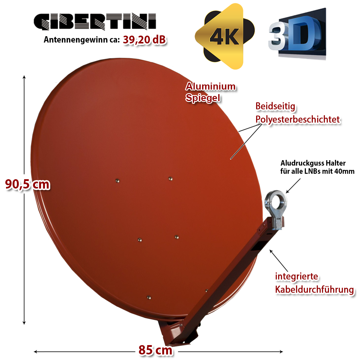Große braune Satellitenschüssel mit Abmessungen, Halterung und integrierter Kabelführung, vor weißem Hintergrund.