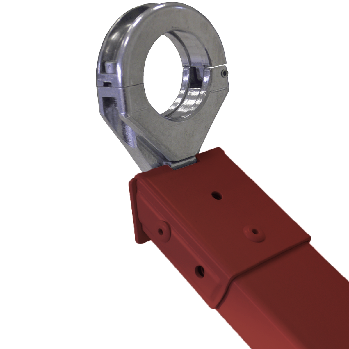 Nahaufnahme eines Metallrings mit rotem Griff. Der Ring ist silberfarben und der Griff rot.