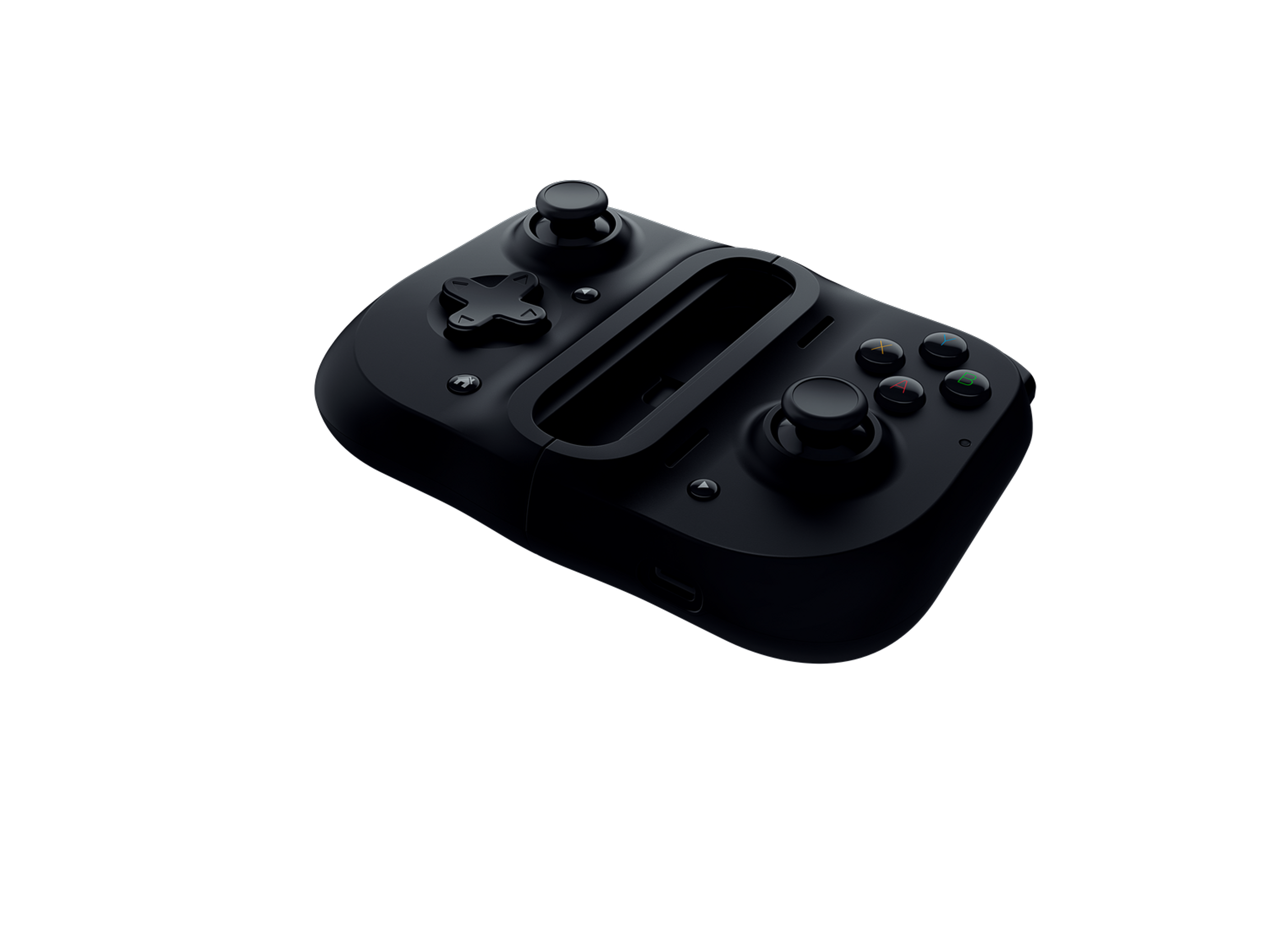 Mando de juegos negro para un teléfono. Tiene botones y un lugar para sostener el teléfono. Fondo negro.