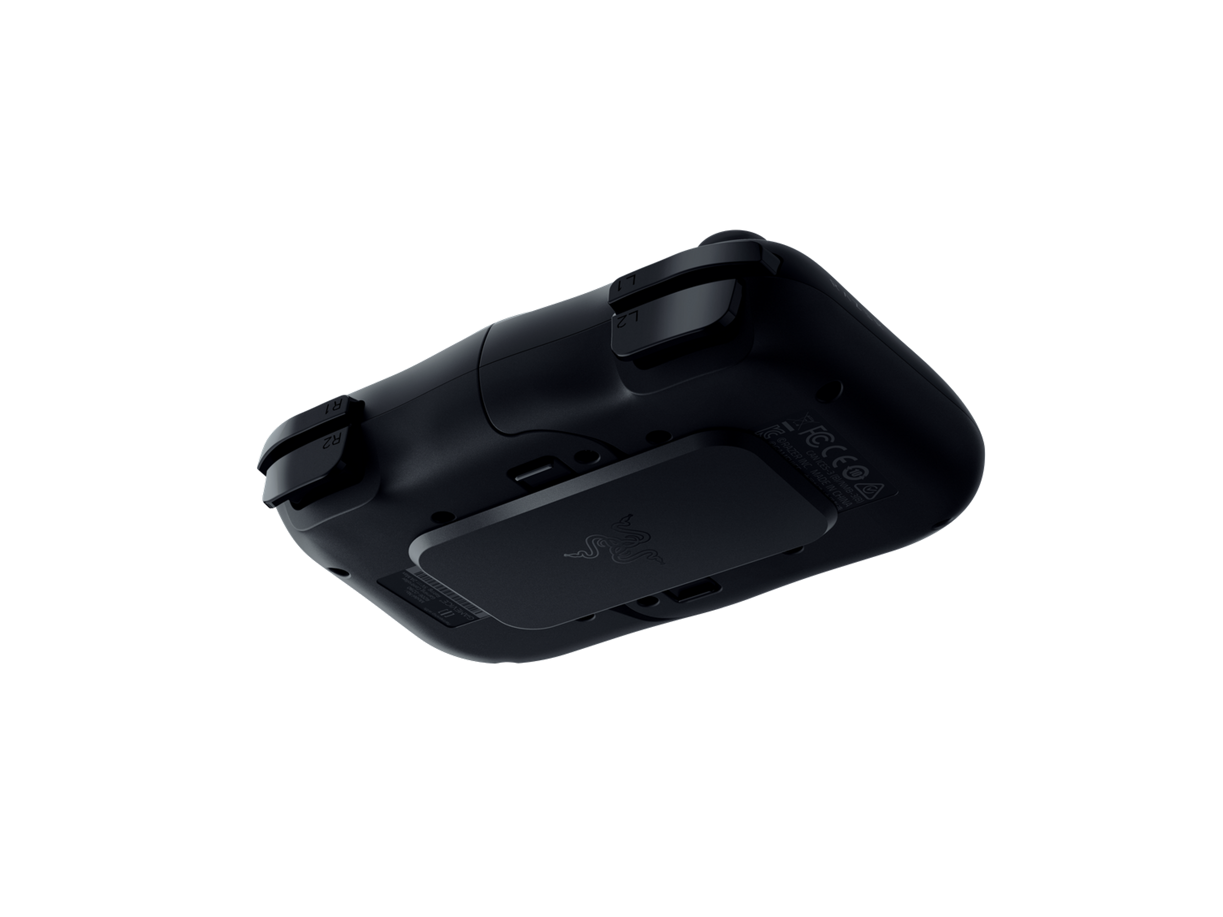 Mando de juegos Razer negro con botones y logo, sobre fondo negro.