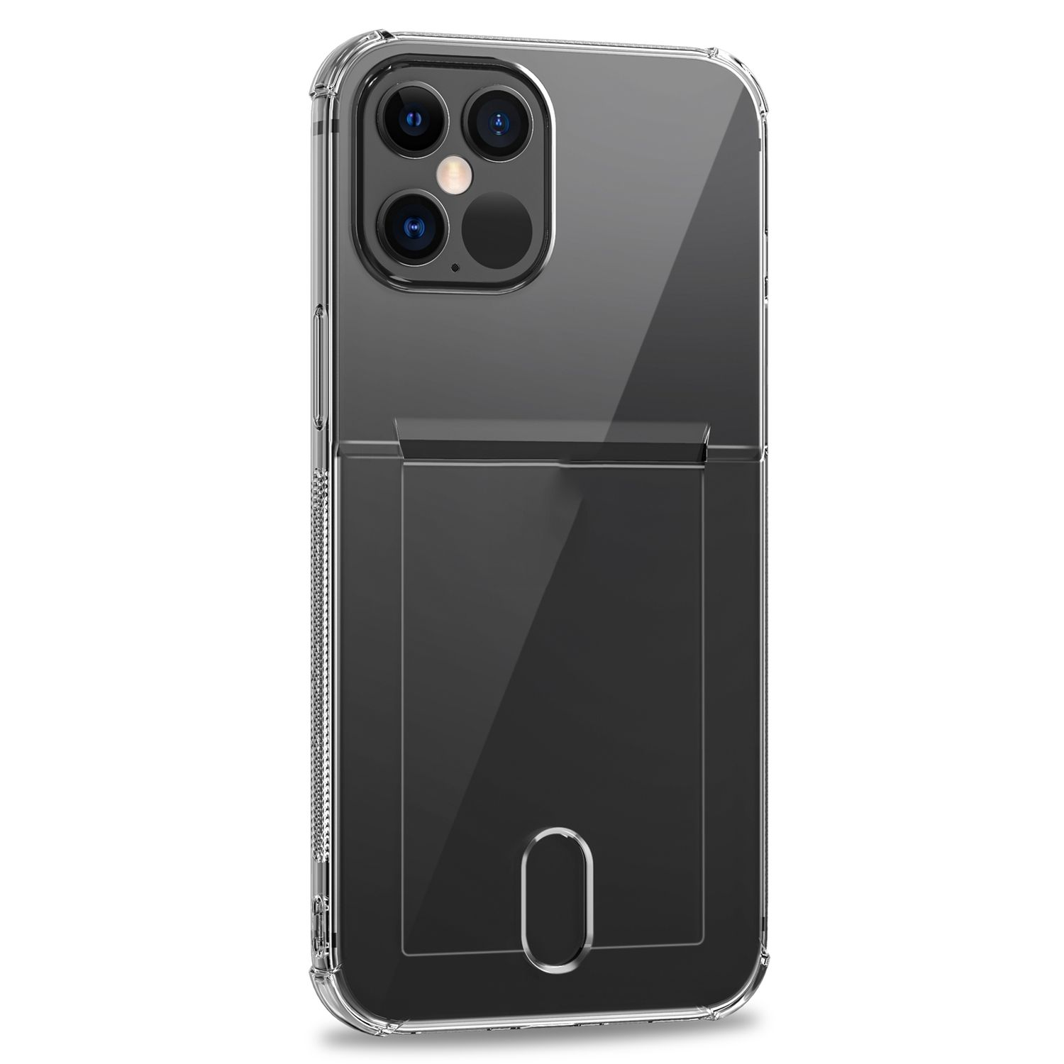 Transparente Handyhülle mit Kartenhalter und Handy mit Kameras.