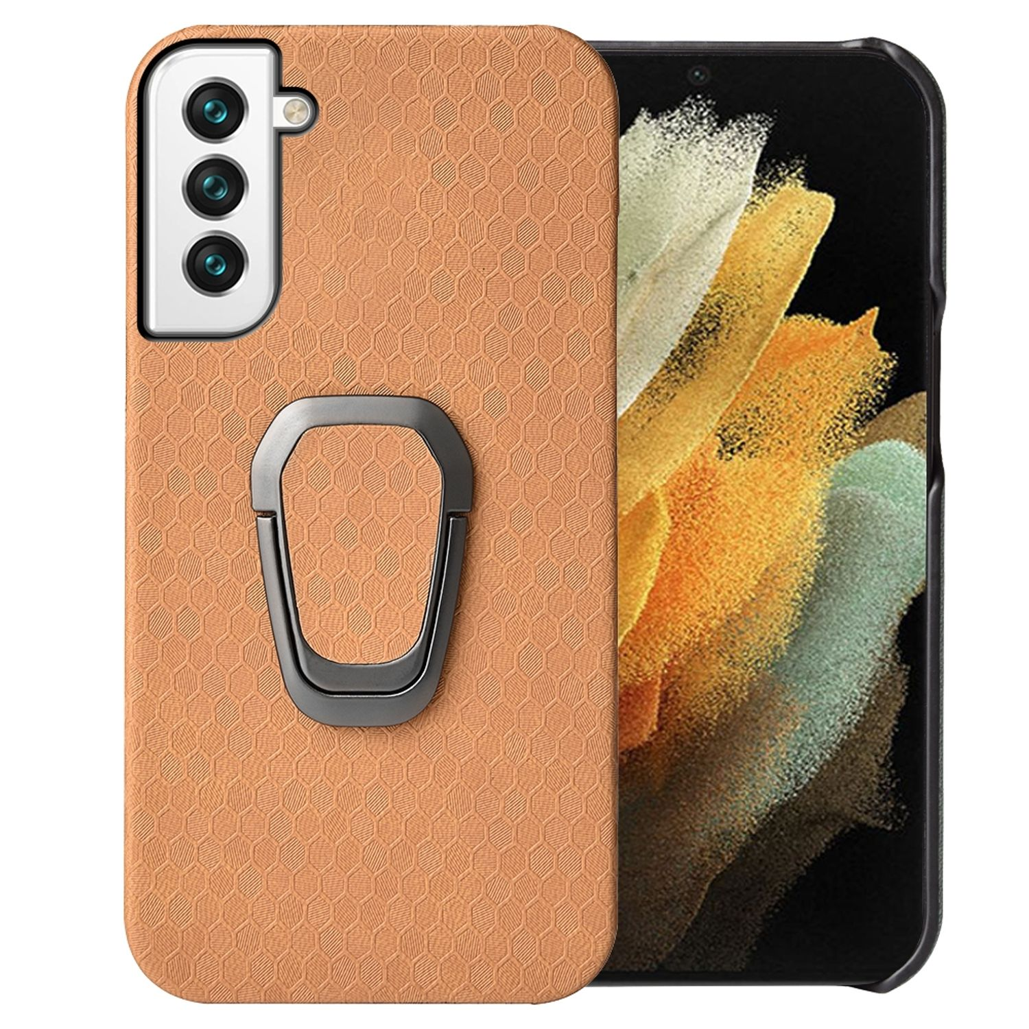 Telefon mit orangefarbener Hülle und Ringhalter. Der Bildschirm zeigt ein farbenfrohes Bild.