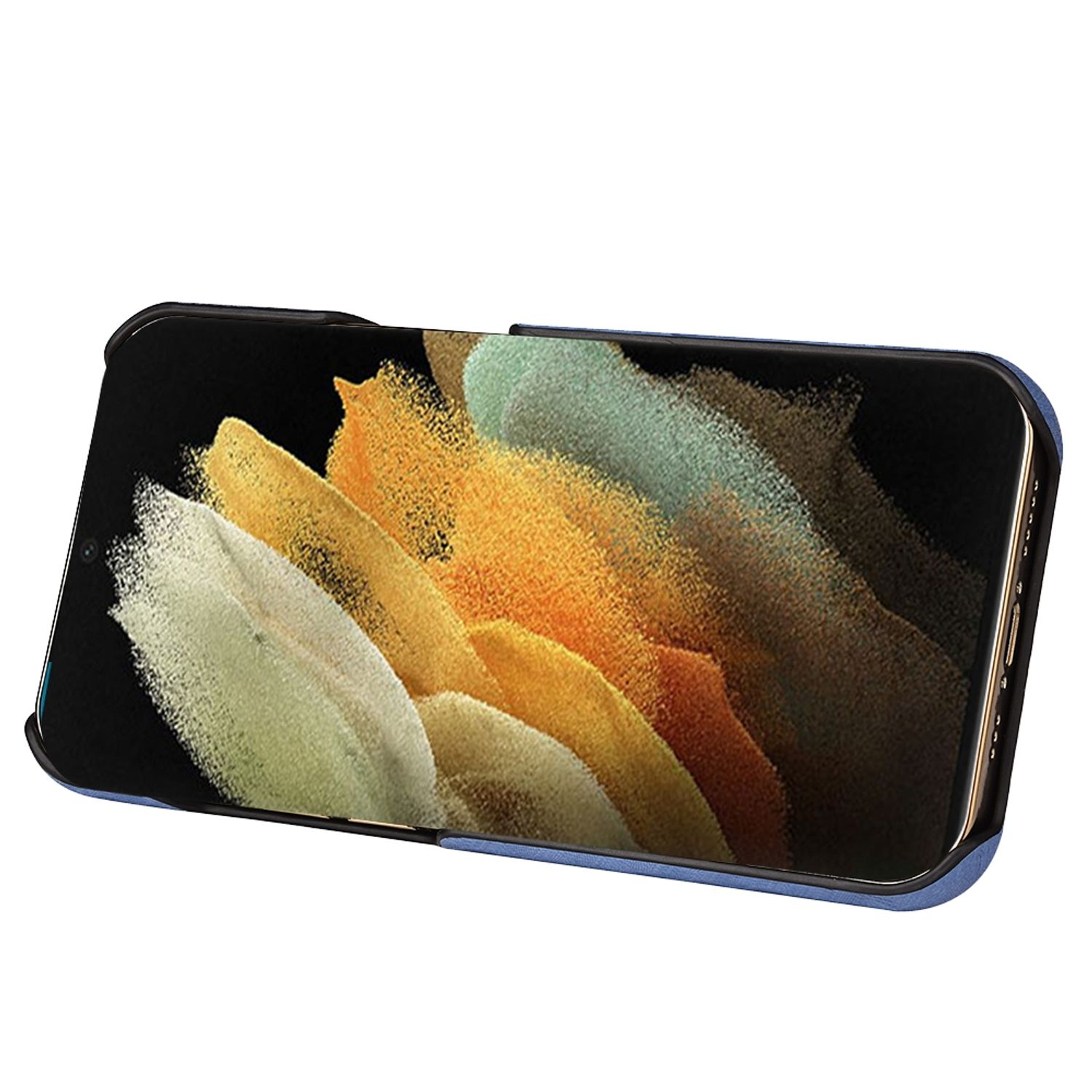 Telefon in blauem Case, mit farbenfrohem Design auf dem Bildschirm.