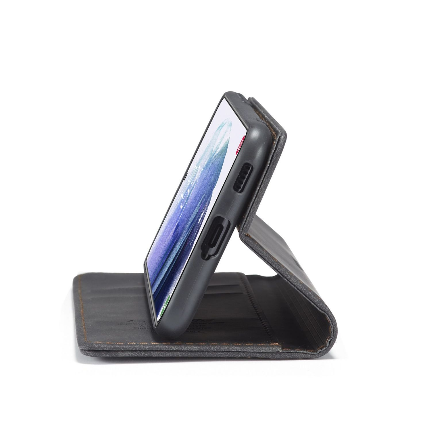 Schwarze Handyhülle mit Telefon darin. Das Telefon ist geneigt und zeigt den Bildschirm.