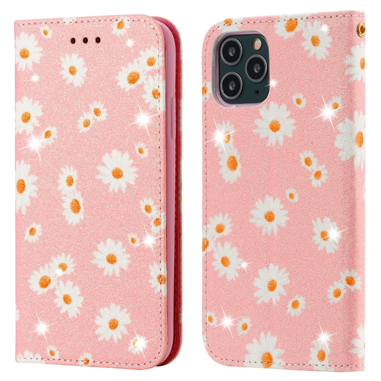 Rosa Handyhülle mit Gänseblümchenmuster, geöffnet um das Telefon zu zeigen und geschlossen.