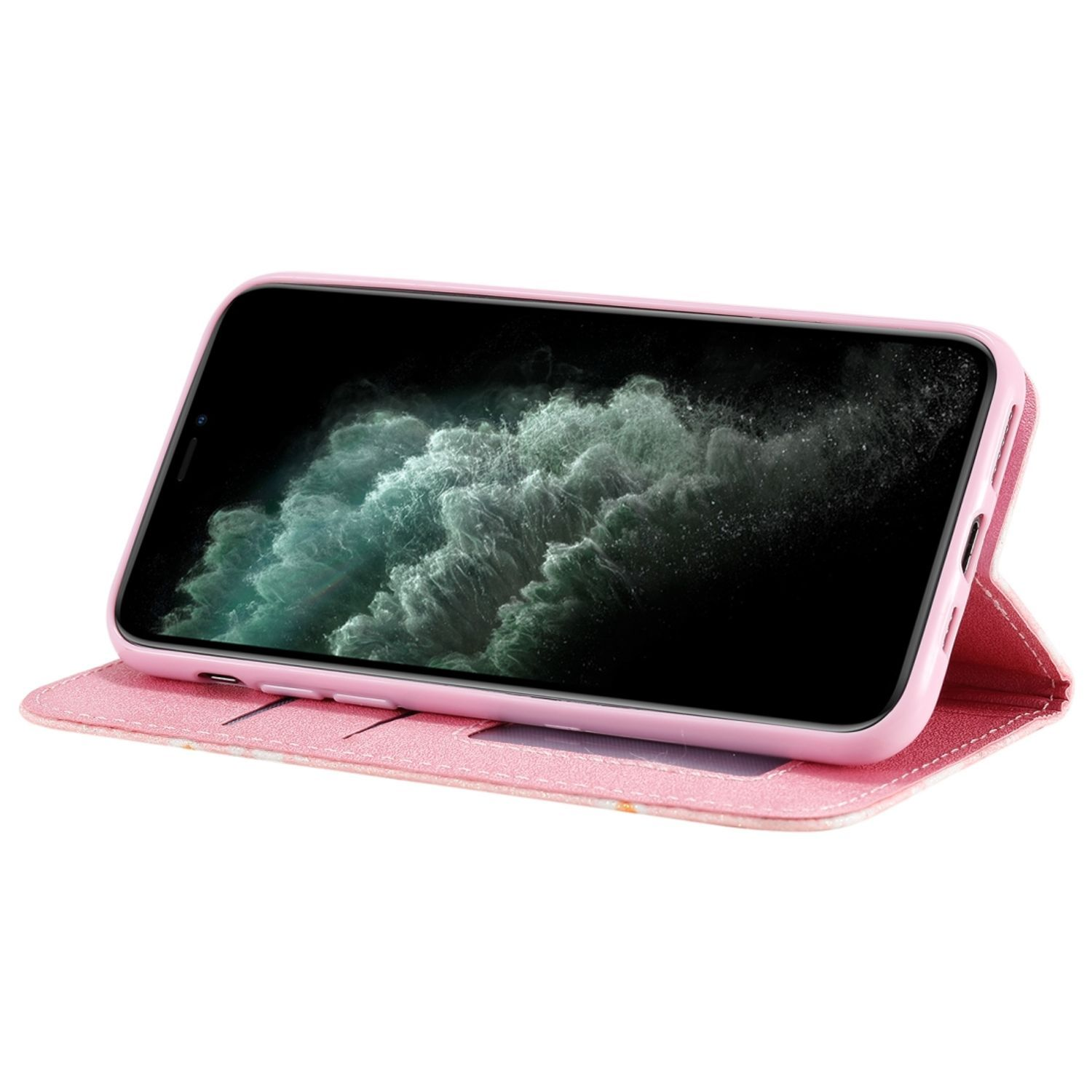 Rosa Handyhülle mit Telefon. Die Hülle ist geöffnet und zeigt den Bildschirm des Telefons.