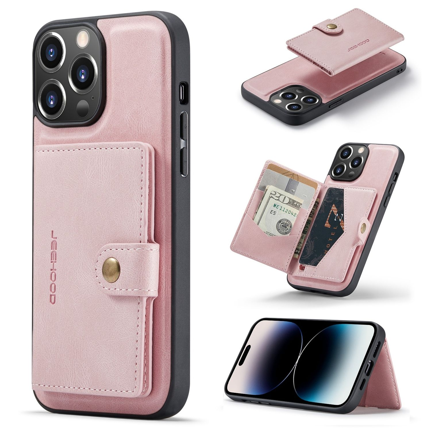 Rosa Handyhülle mit Brieftaschenfunktion. Mehrere Ansichten zeigen die Hülle mit Karten und Geld, sowie Telefon.