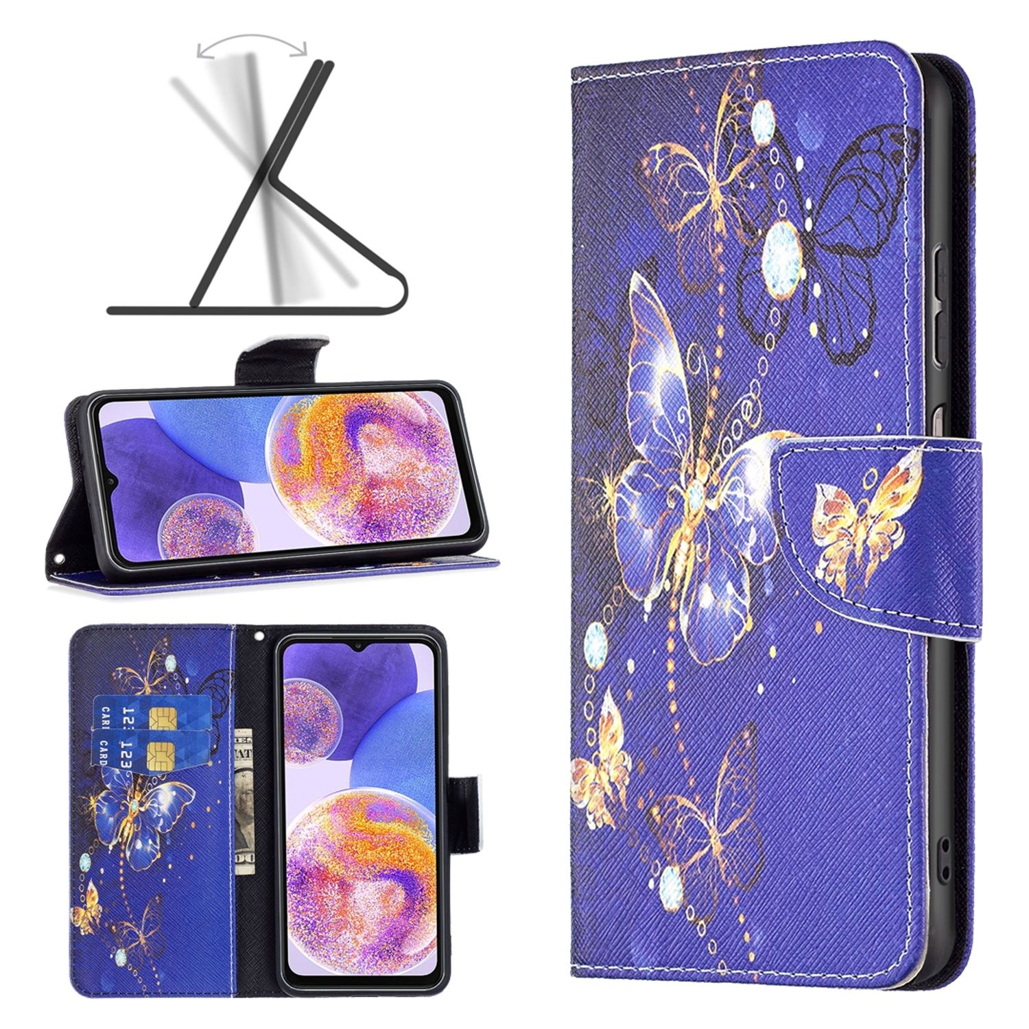 KÖNIG DESIGN Book Galaxy Schmetterling A23, Case, Lila Bookcover, Samsung