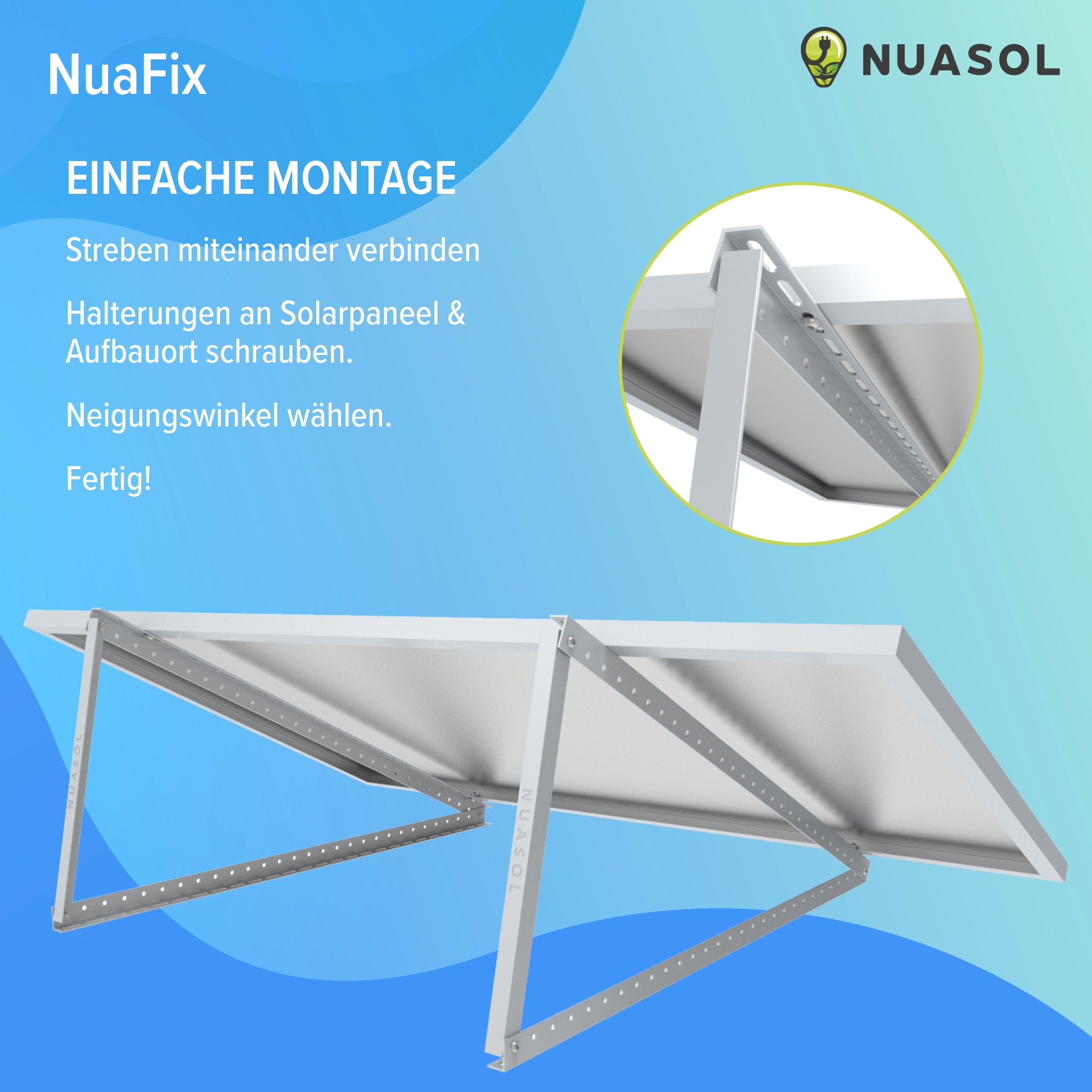 Solarpanel-Montagesystem mit Anweisungen, Logo und blauem Farbverlauf im Hintergrund.