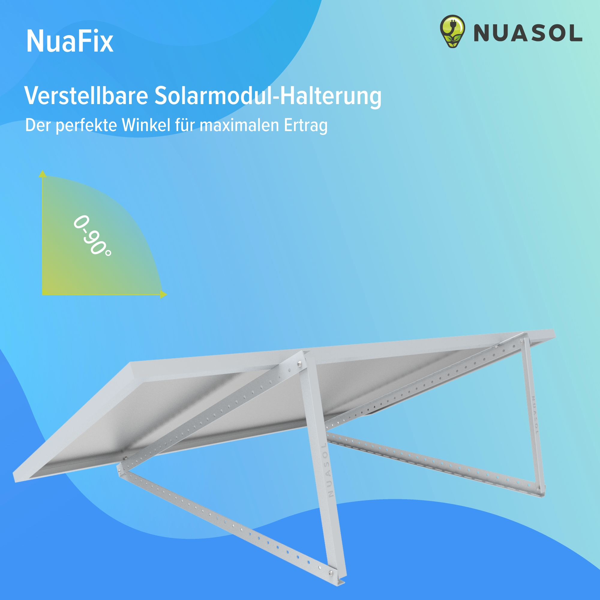 Verstellbare Solarmodulhalterung. Text: "Verstellbare Solarmodul-Halterung". Grüner Winkel-Indikator.
