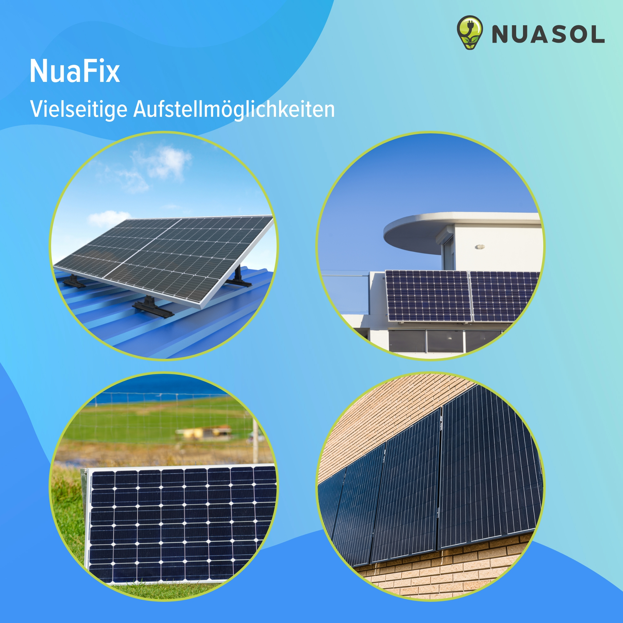 Bilder von Solarmodulen, die auf verschiedenen Oberflächen installiert sind, darunter ein Dach, eine Wand und der Boden.