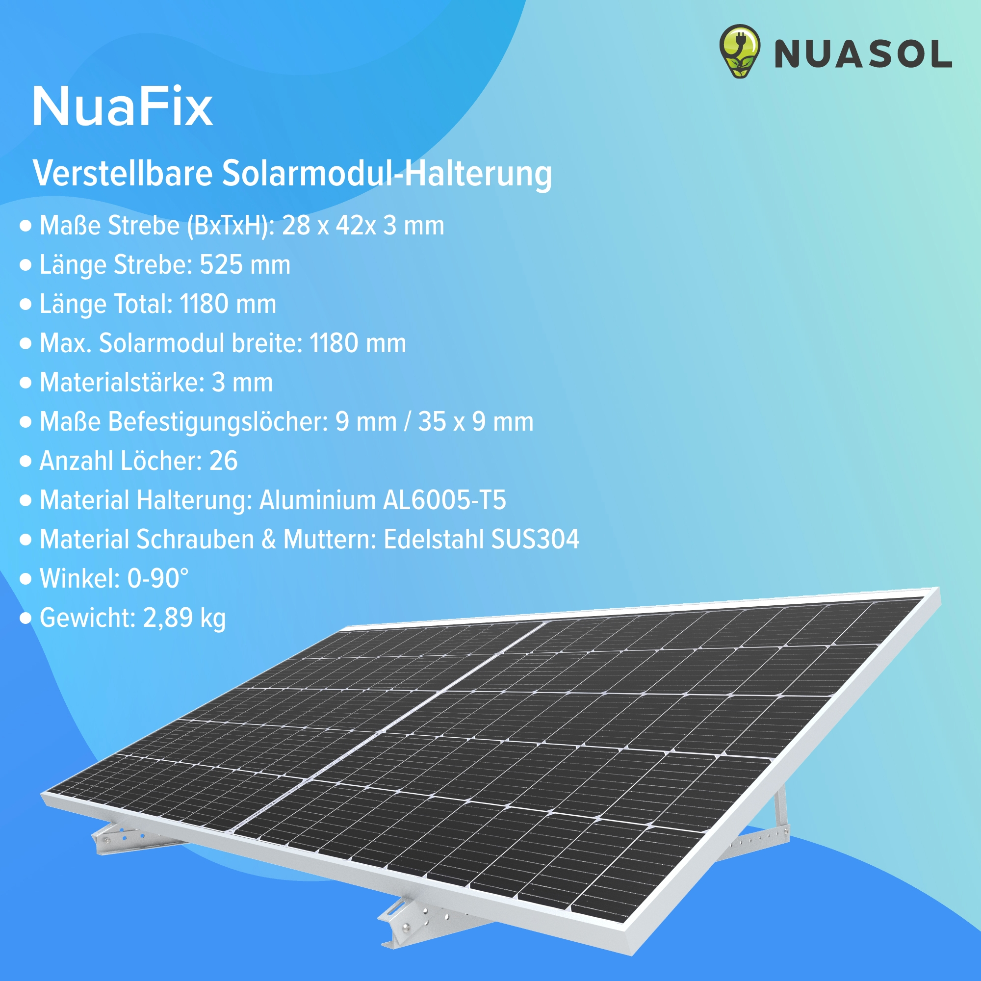 Solarpanel-Montagehalterung mit Details. Schwarze Solarmodule sind abgebildet. Blauer Hintergrund mit weißem Text.