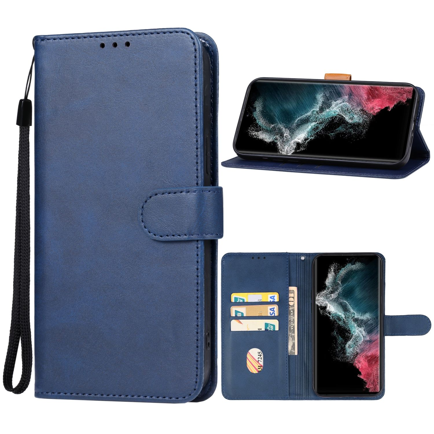 Blaue Leder-Handyhülle mit Riemen. Telefon ist in der Hülle und geöffnet sichtbar.
