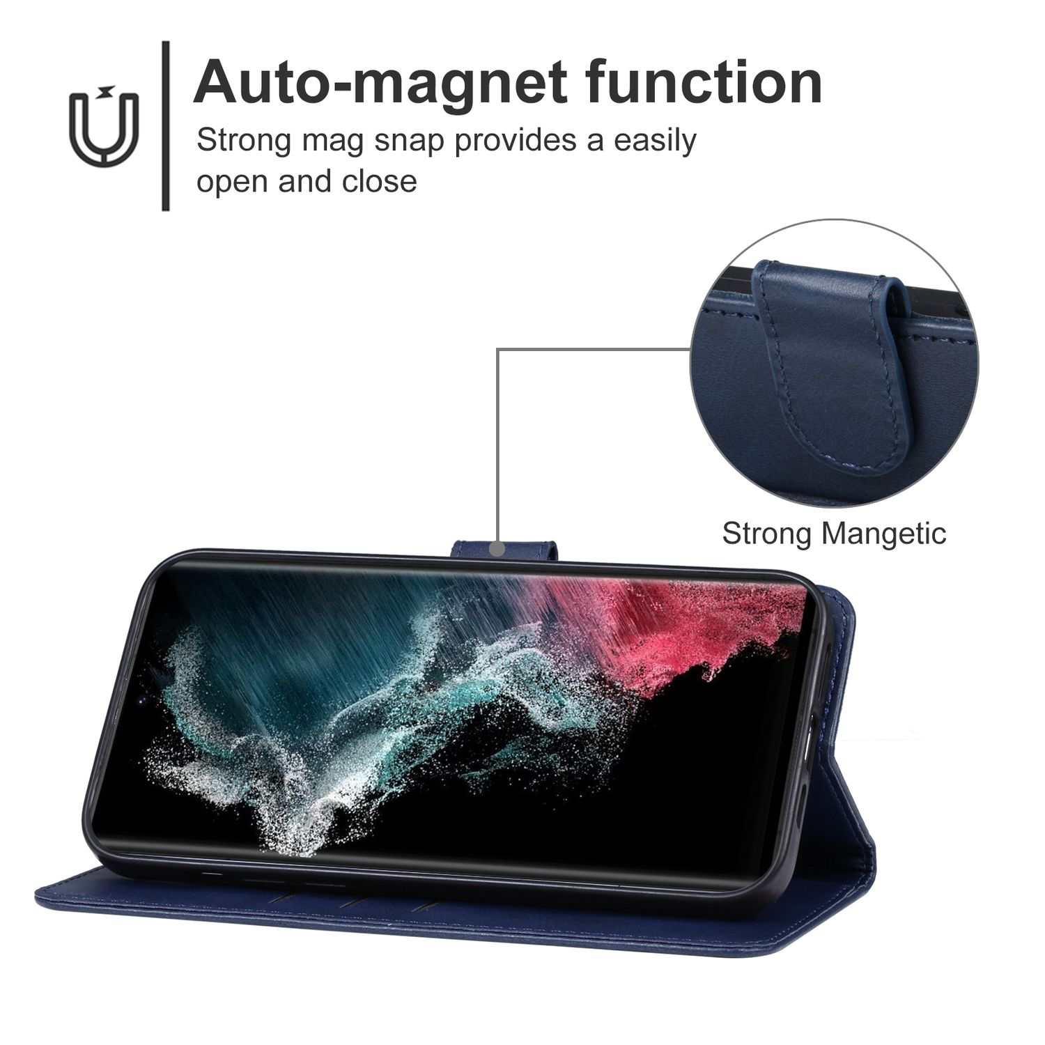 Ein Smartphone in einer blauen Hülle mit Magnetverschluss. Text: Auto-Magnetfunktion.