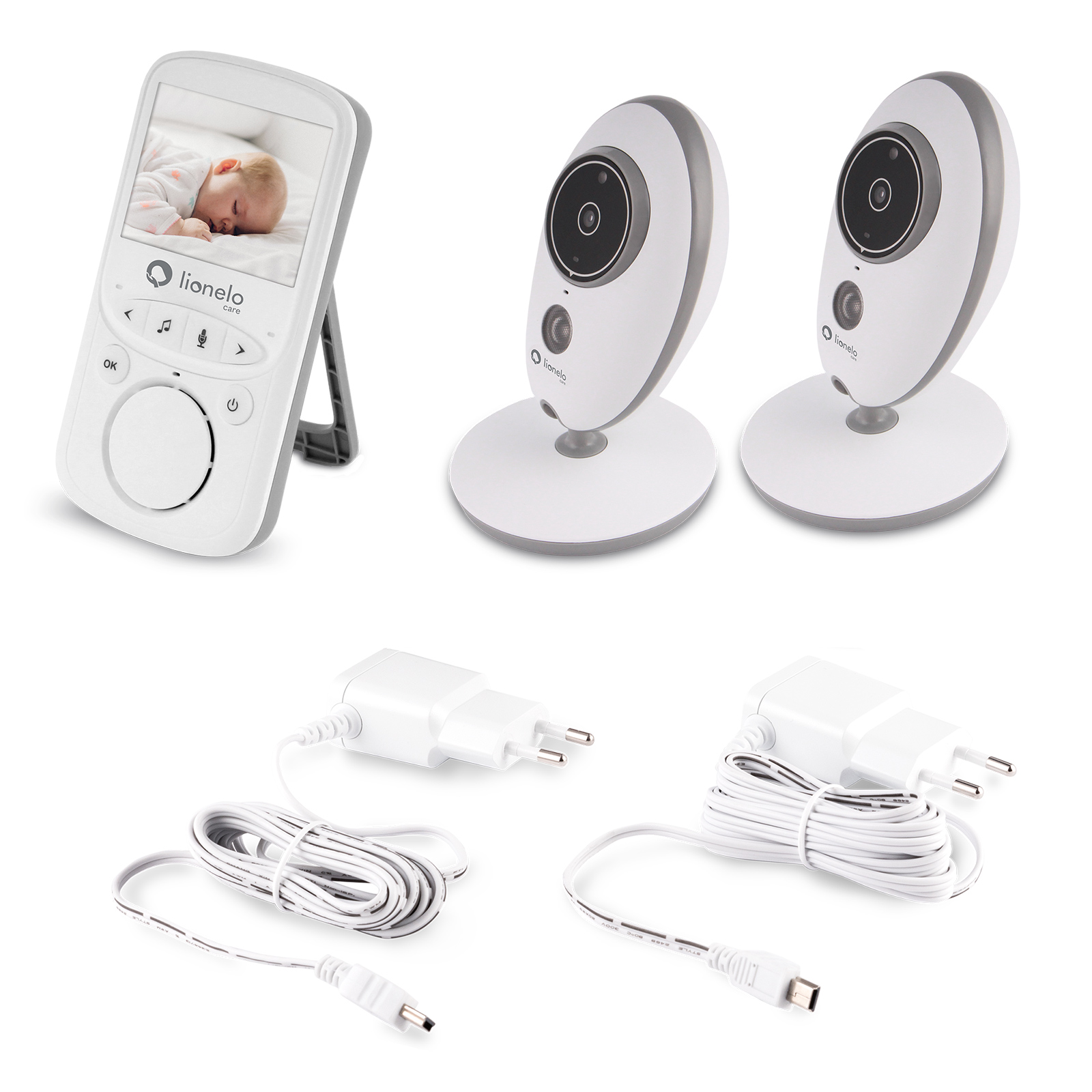 Babyphone-Set: Monitor mit Bildschirm, zwei Kameras und zwei Netzteilen.