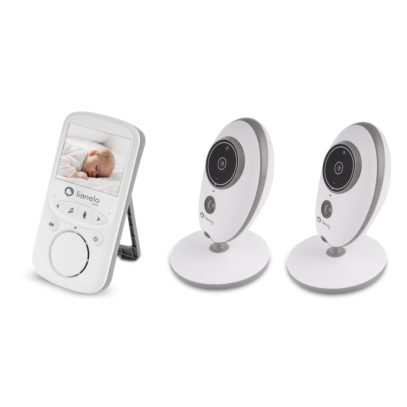 Ein Babyphone mit Bildschirm und zwei weißen Babykameras auf weißem Untergrund.