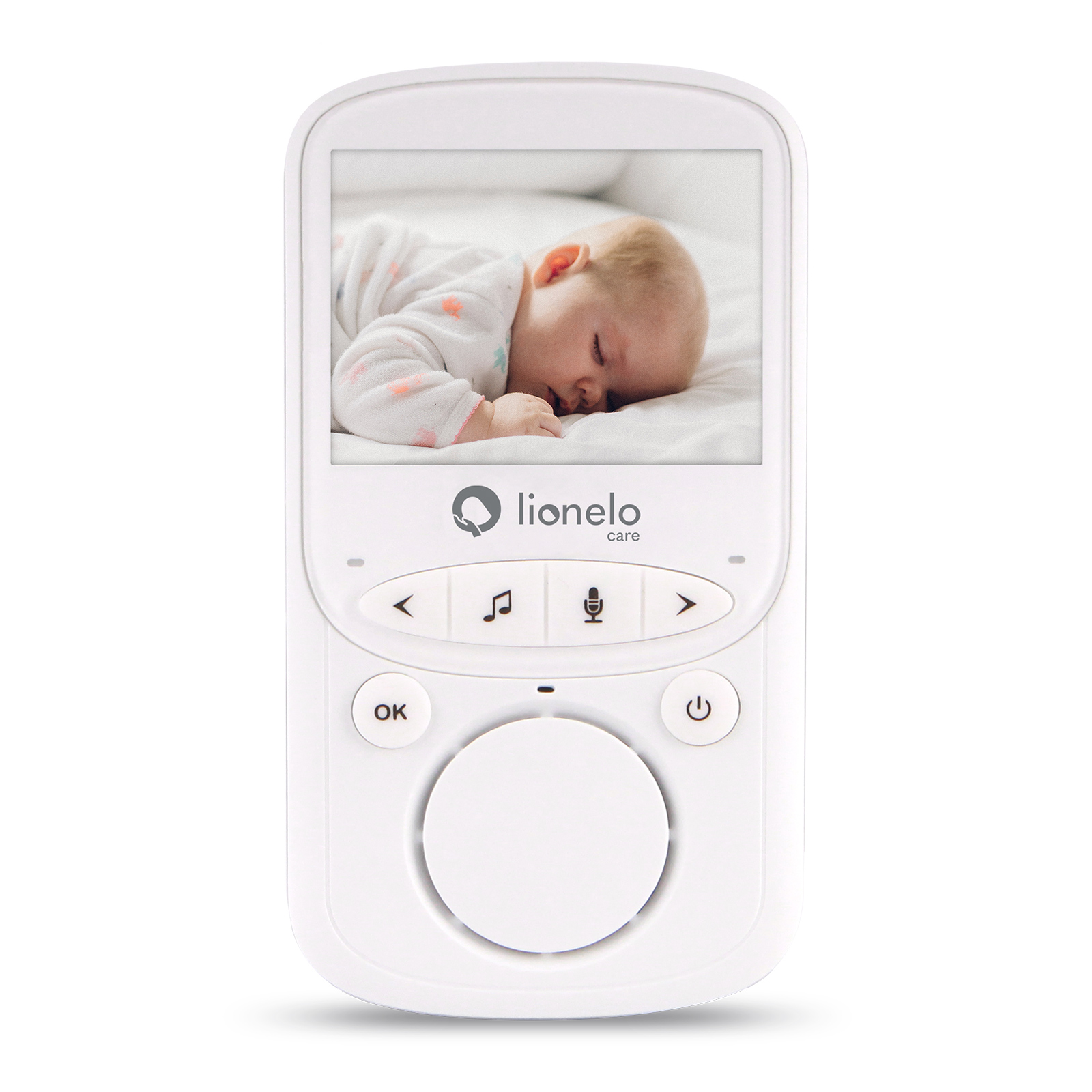 Weißer Babyphone mit Bildschirm, der ein schlafendes Baby zeigt. Knöpfe und ein Lautsprecher sind sichtbar.