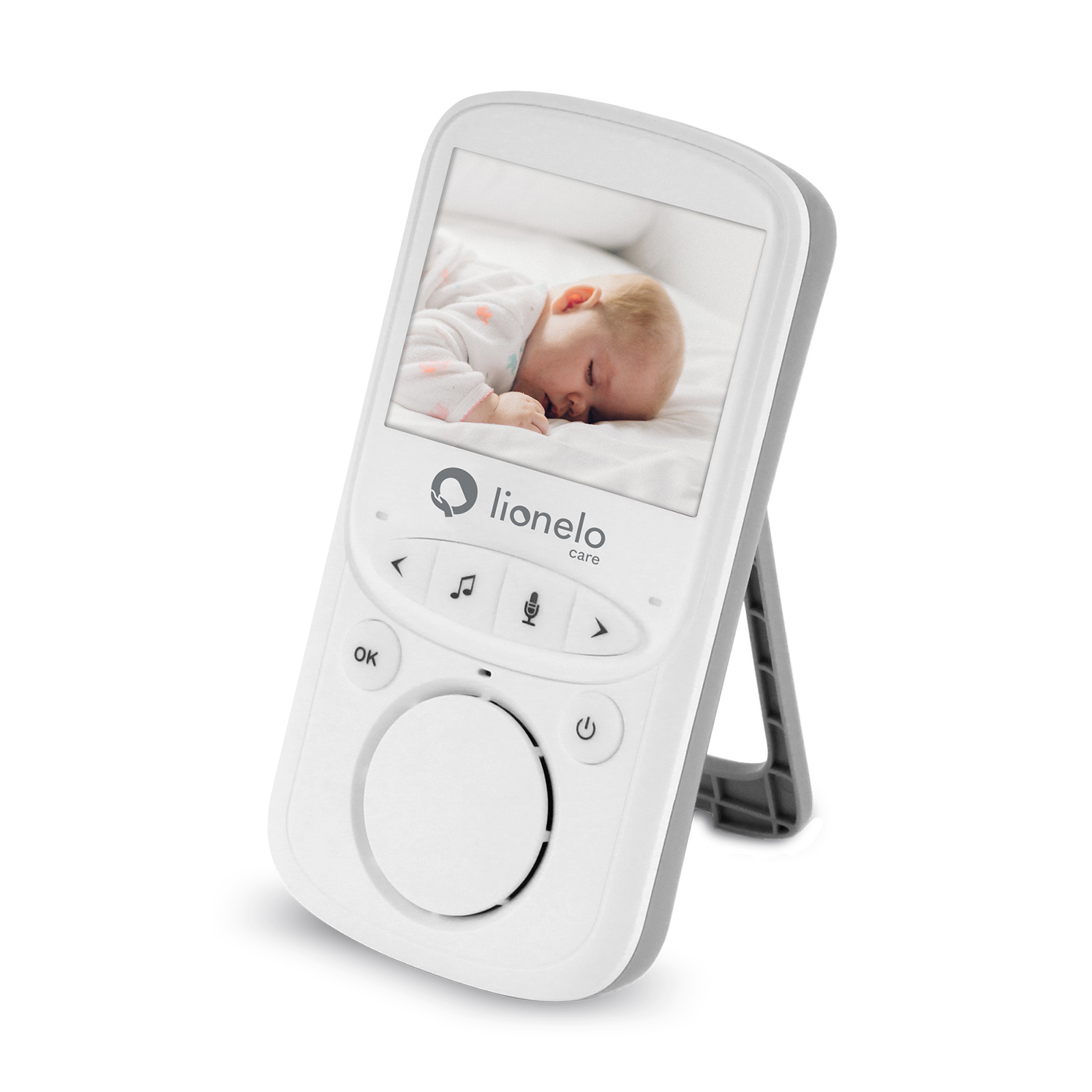 Weißer Babyphone mit Bildschirm, auf dem ein schlafendes Baby zu sehen ist. Es hat Knöpfe und einen Ständer.