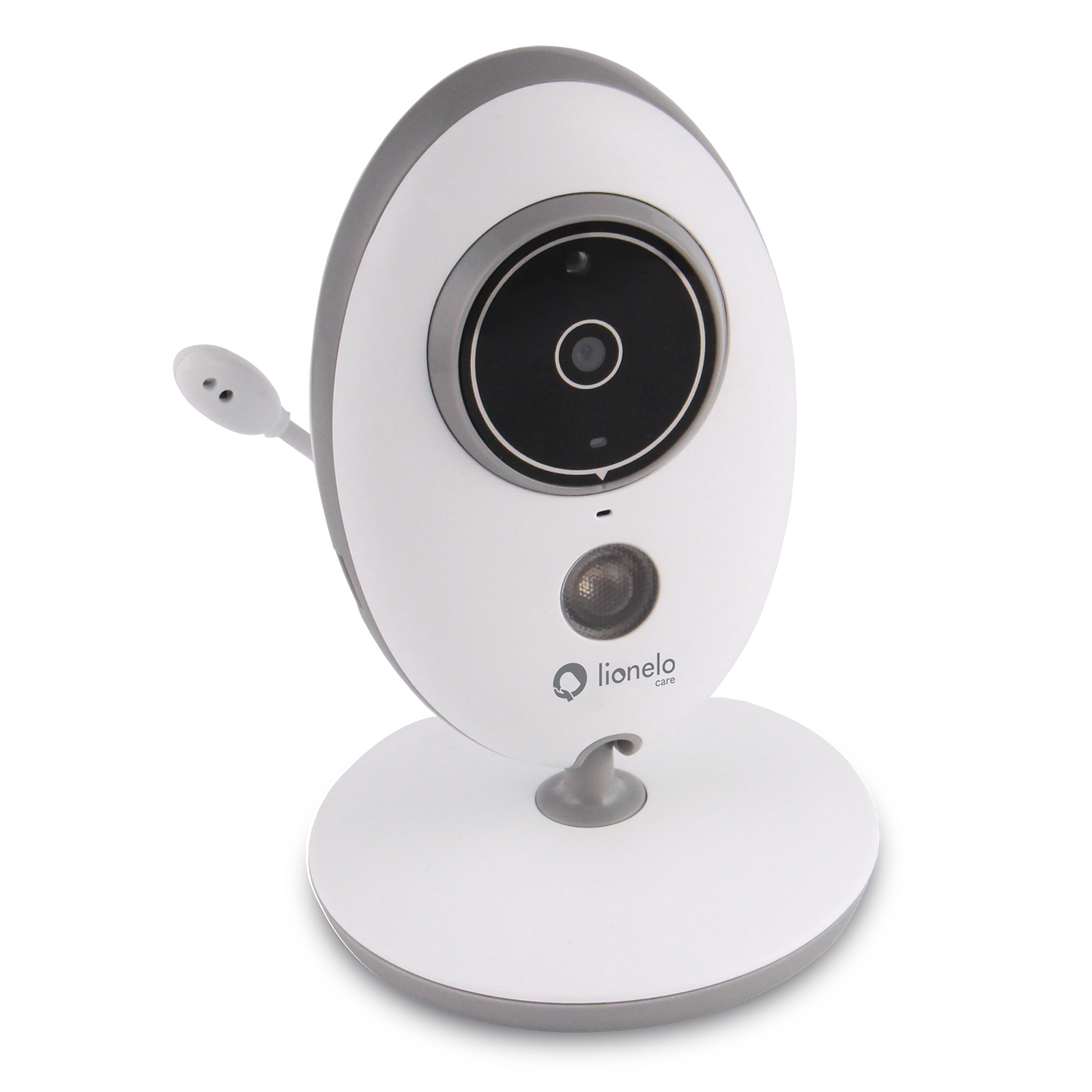 Weiß-grauer Baby-Monitor mit Kamera und Mikrofon. Der Sockel ist rund.