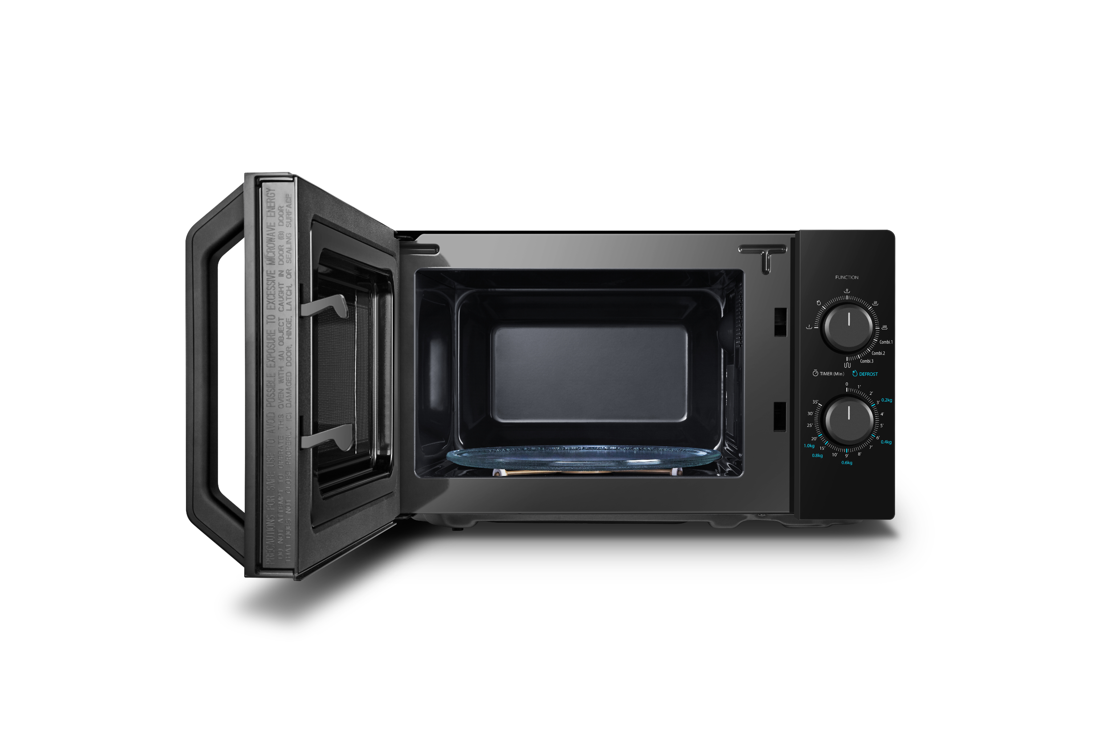 Otwarty czarny piekarnik mikrofalowy ze szklanym talerzem w środku, widok z góry.