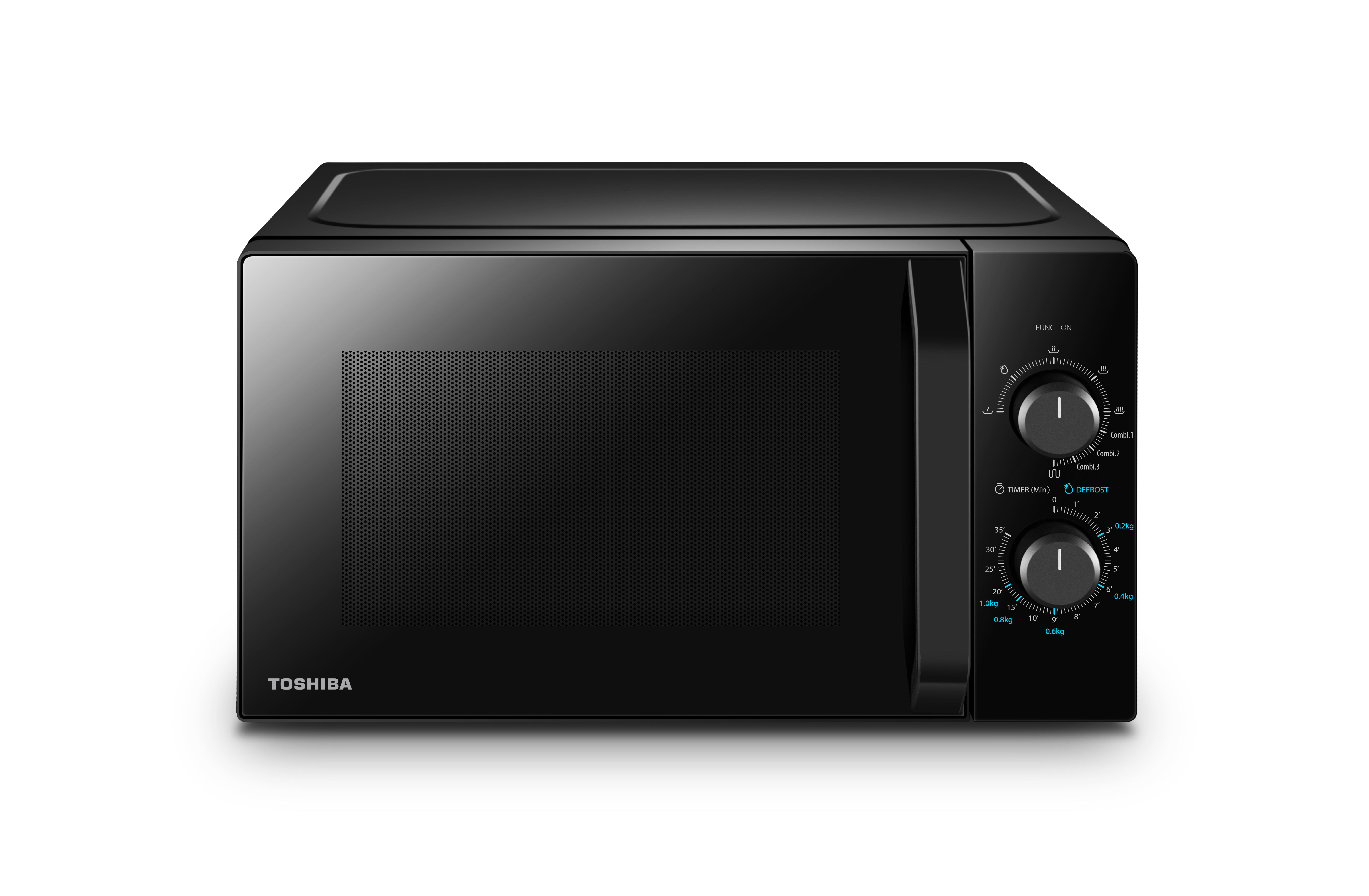 Czarna kuchenka mikrofalowa z wyświetlaczem cyfrowym i pokrętłami funkcji i czasu.