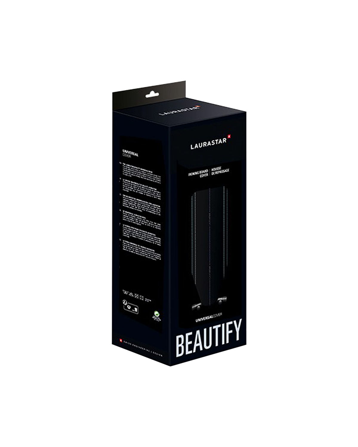 Czarne i białe pudełko z tekstem: 'UNIVERSAL COVER' i 'BEAUTIFY'. Szwajcarska inżynieria.