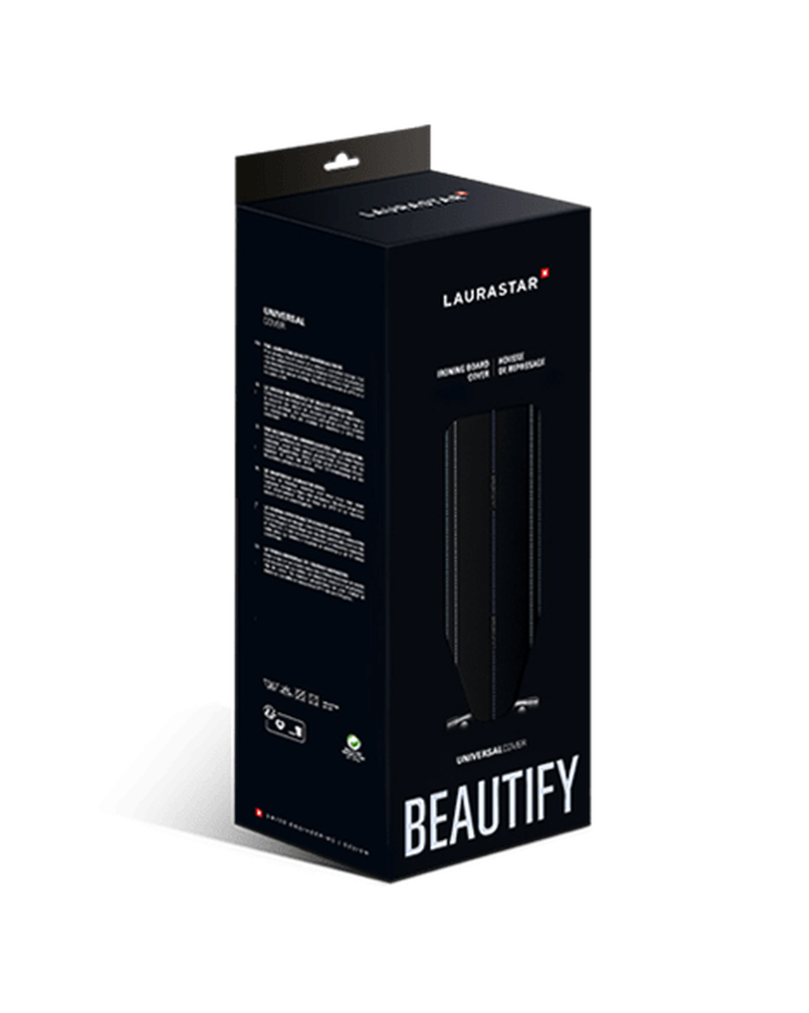 Czarne pudełko uniwersalnego pokrowca na deskę do prasowania z napisem "LAURASTAR" i "BEAUTIFY".