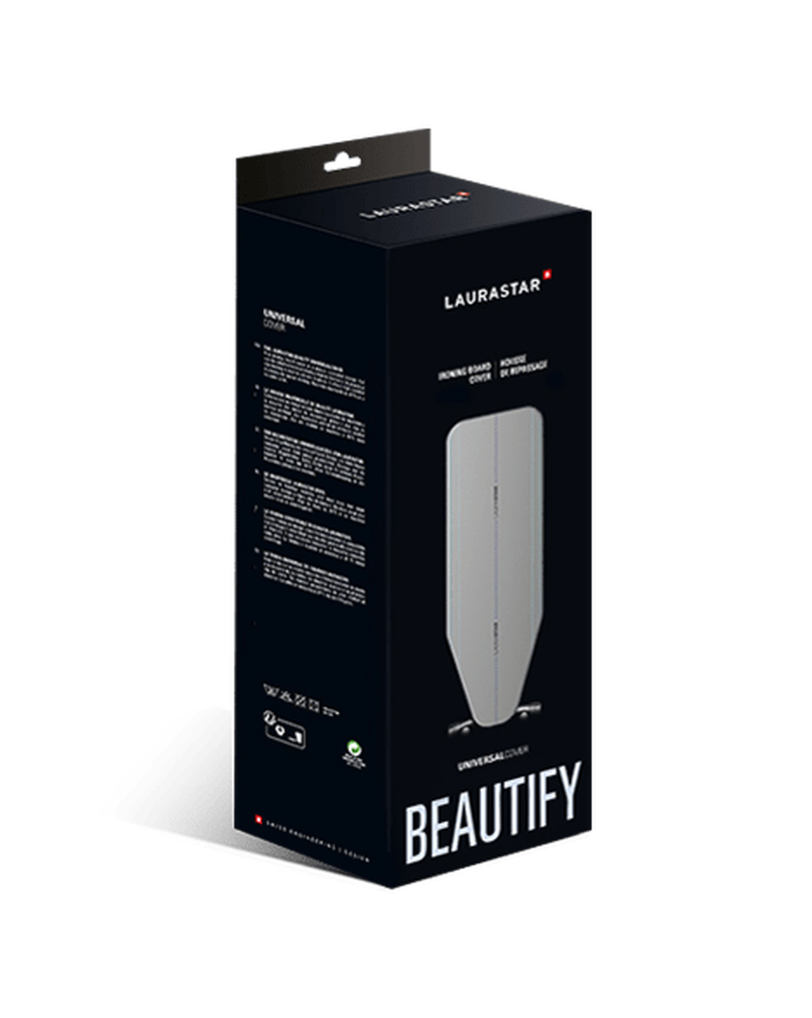 Czarne pudełko ze słowem BEAUTIFY i rysunkiem pokrowca na deskę do prasowania. Ma uchwyt u góry.