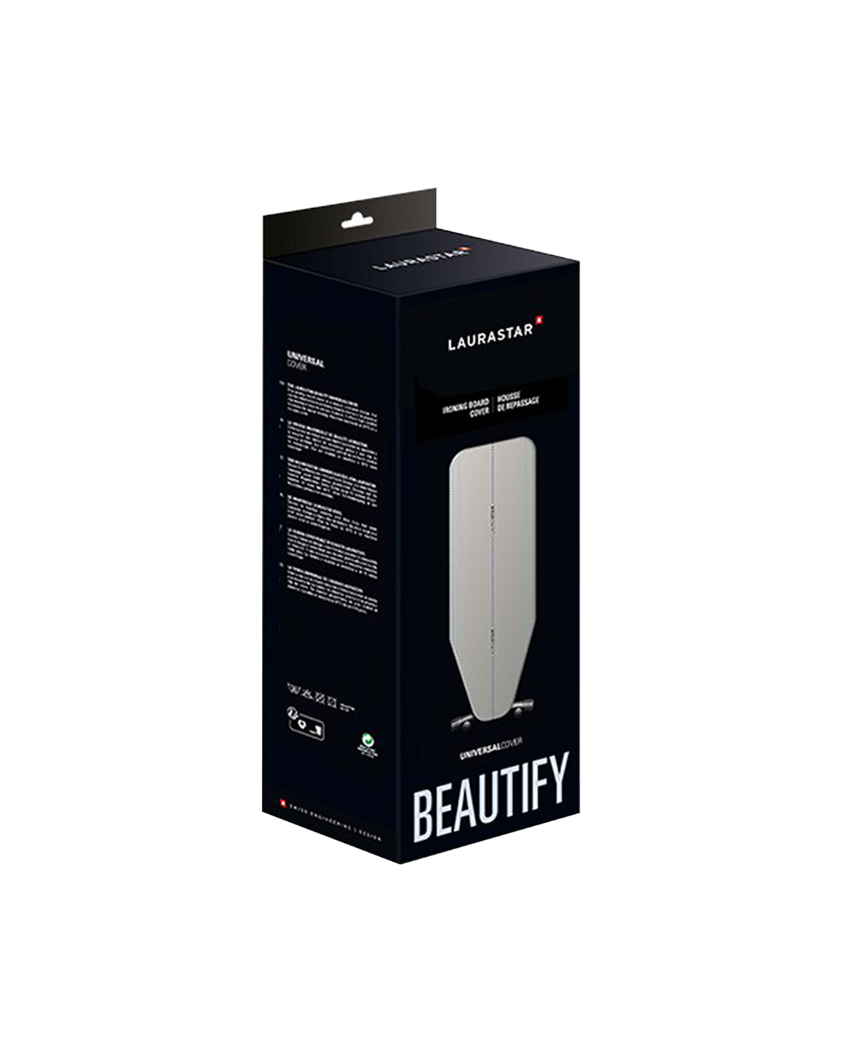 Opakowanie pokrowca na deskę do prasowania w kolorze czarno-białym. Nazwa produktu: 'LAURASTAR UNIVERSAL COVER'.