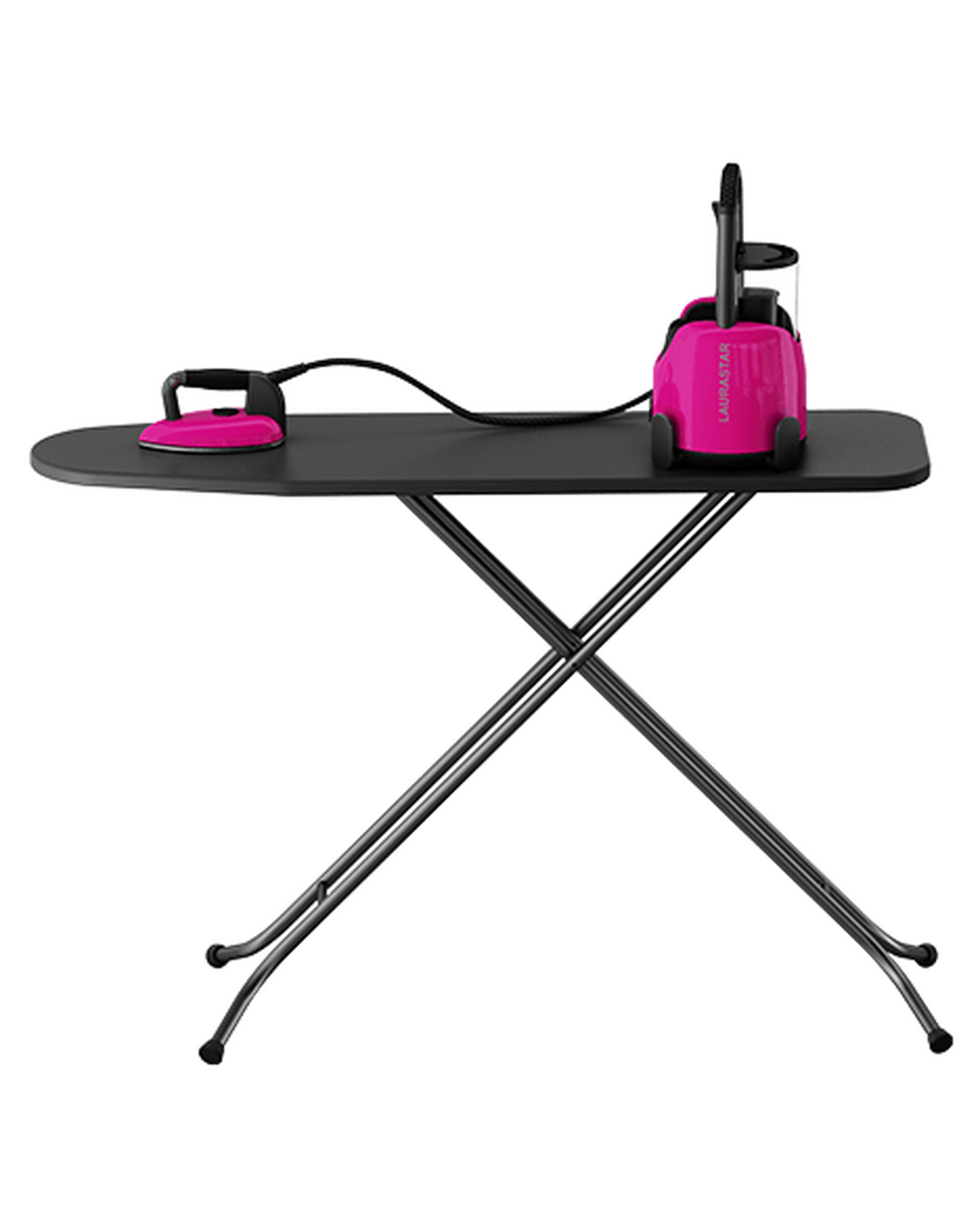 Ein schwarzes Bügelbrett mit einem rosa Bügeleisen, einem Dampfer und einem schwarzen Hintergrund.