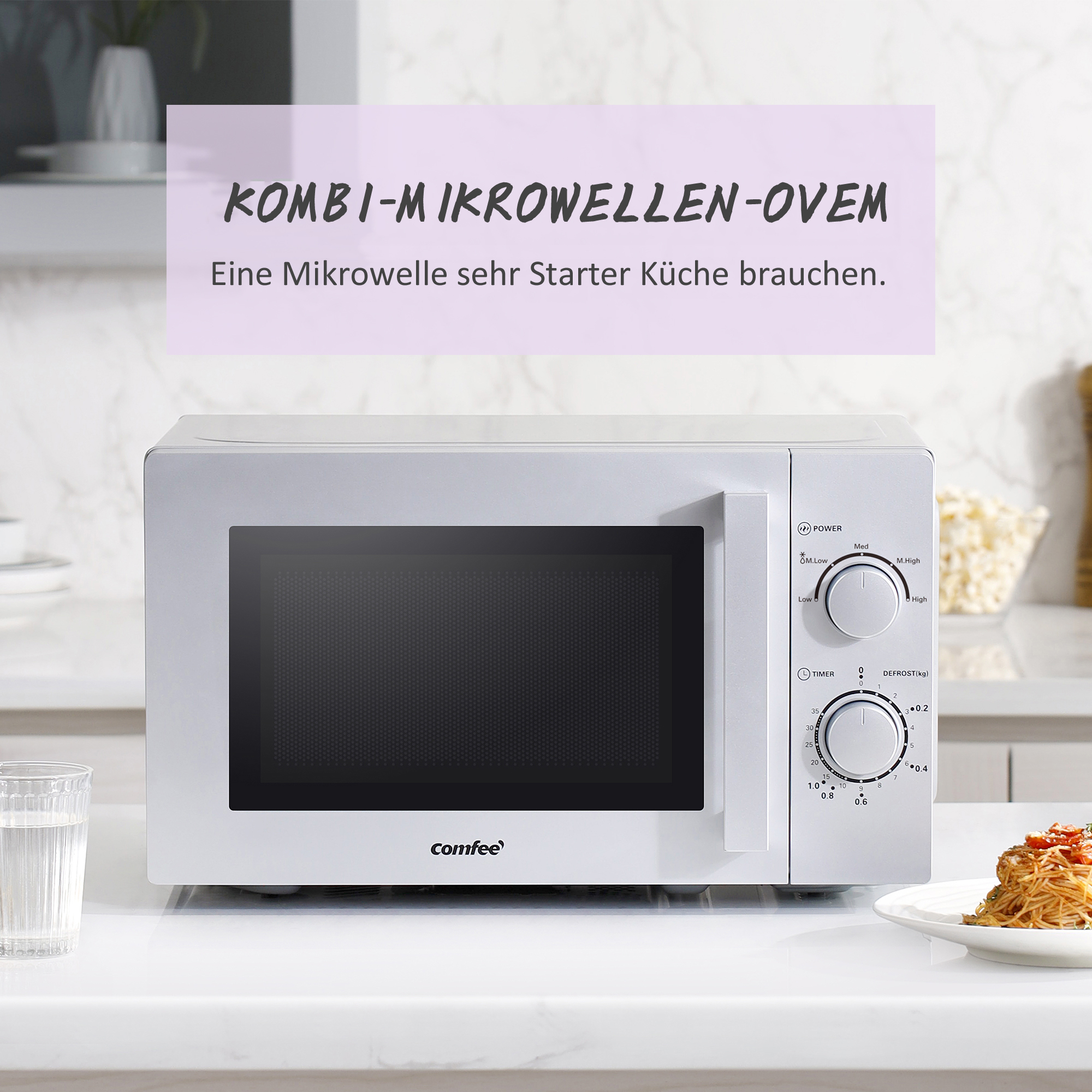 Weißes Mikrowellengerät mit Bedienelementen und einem Teller mit Essen. Text oben.