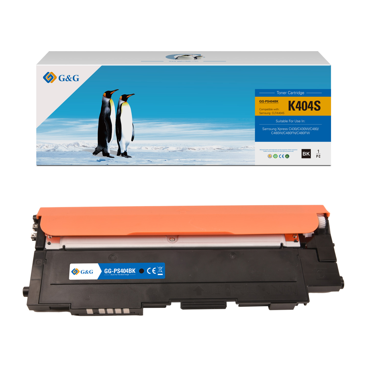 Scatola di cartucce toner con pinguini. Cartuccia sotto. Sfondo bianco.