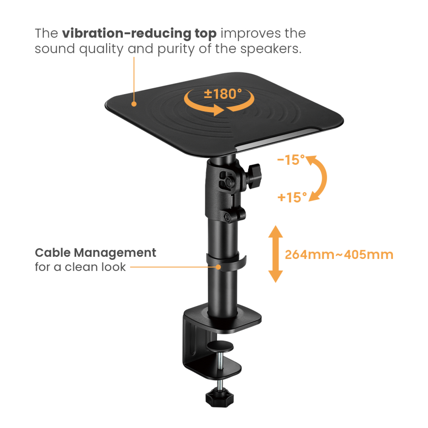 Black speaker stand with adjustable height and angle, cable management.
