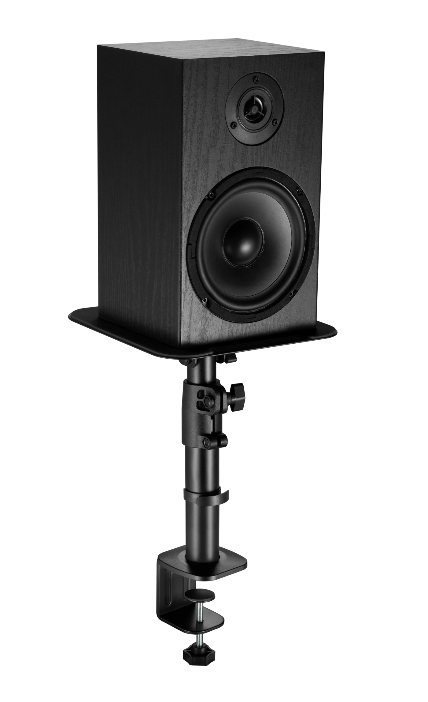 Black speaker on a stand with a clamp, isolated on white background.