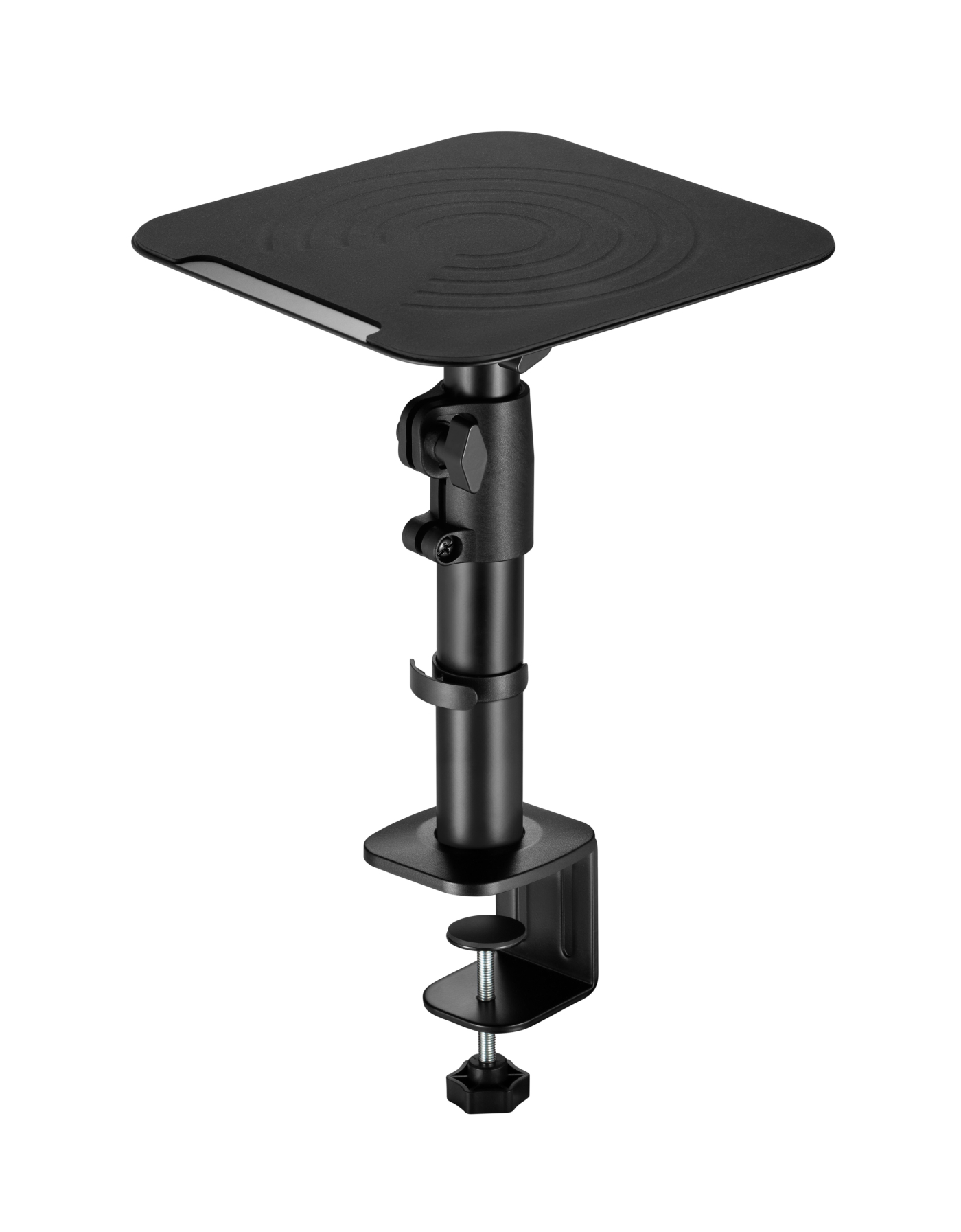 Black monitor stand with a clamp base. The stand is adjustable and supports a black plate.