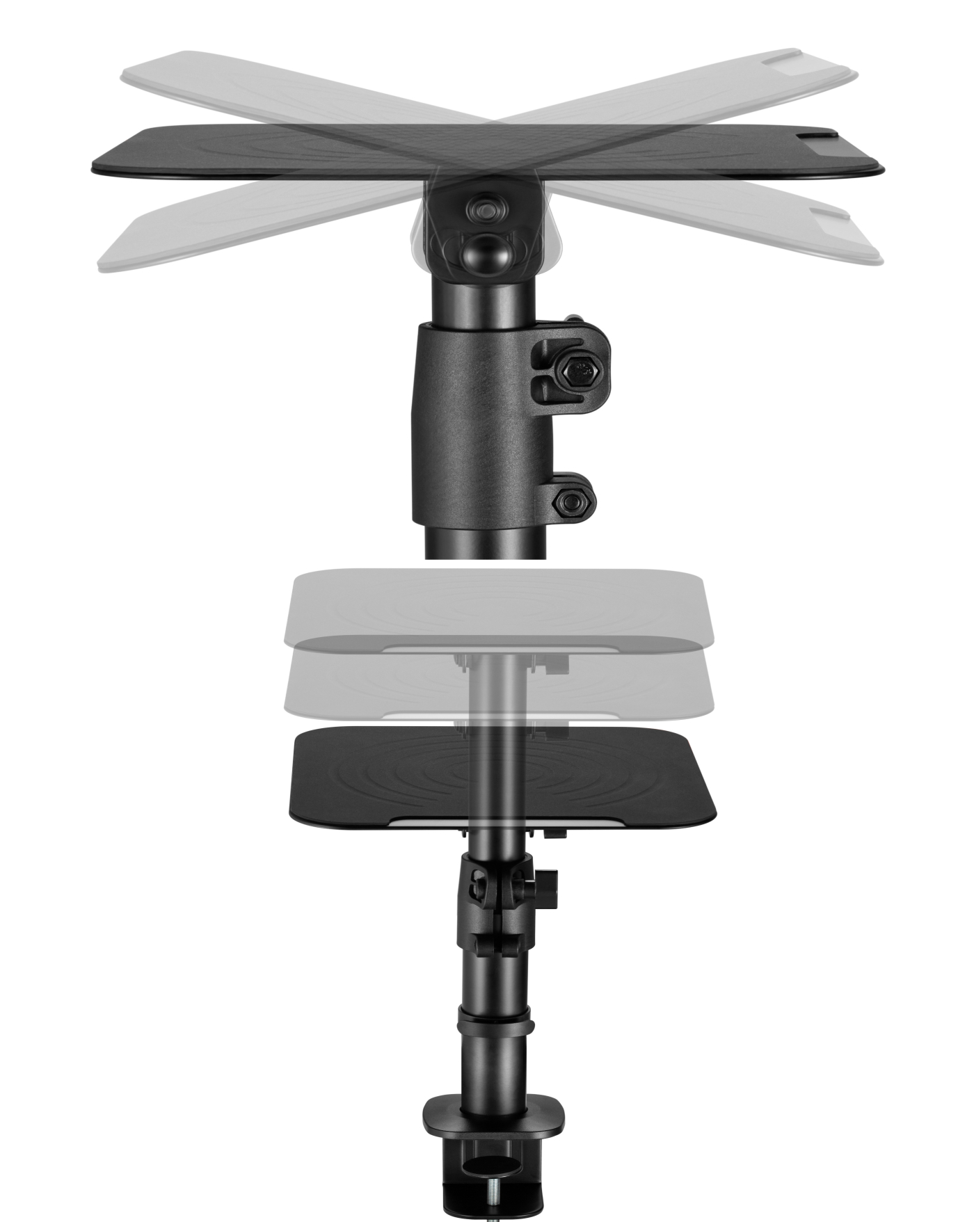 Black adjustable stand with two black platforms. The stand is positioned on a white background.