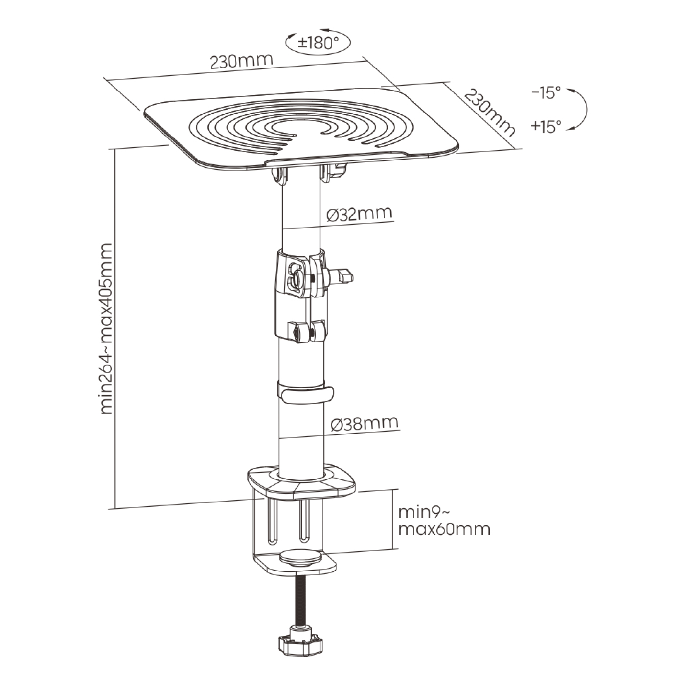 Adjustable arm for mounting devices. Includes measurements and a clamp for attaching to a surface.