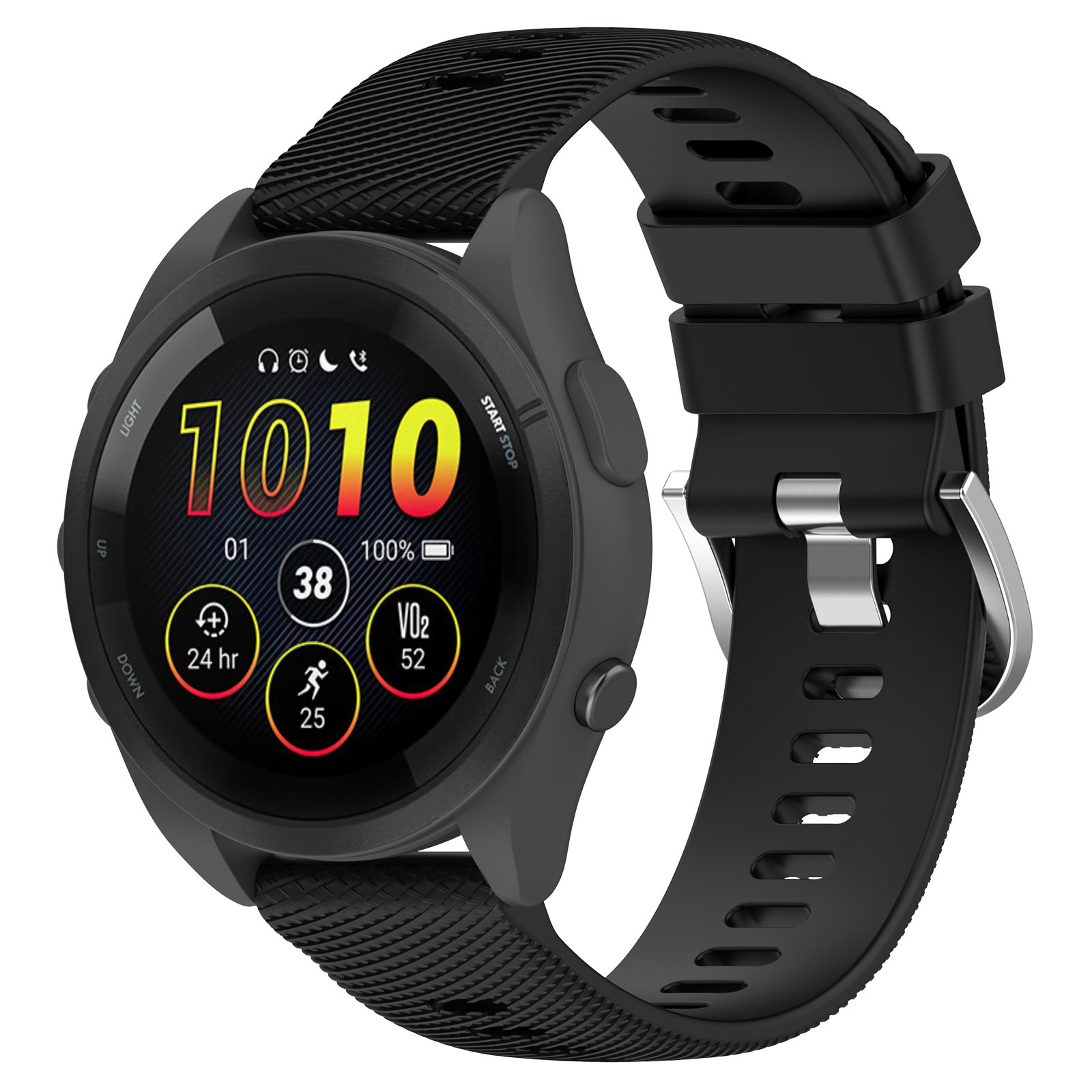 Czarny smartwatch z czarnym paskiem, wyświetlający czas i wskaźniki fitness.