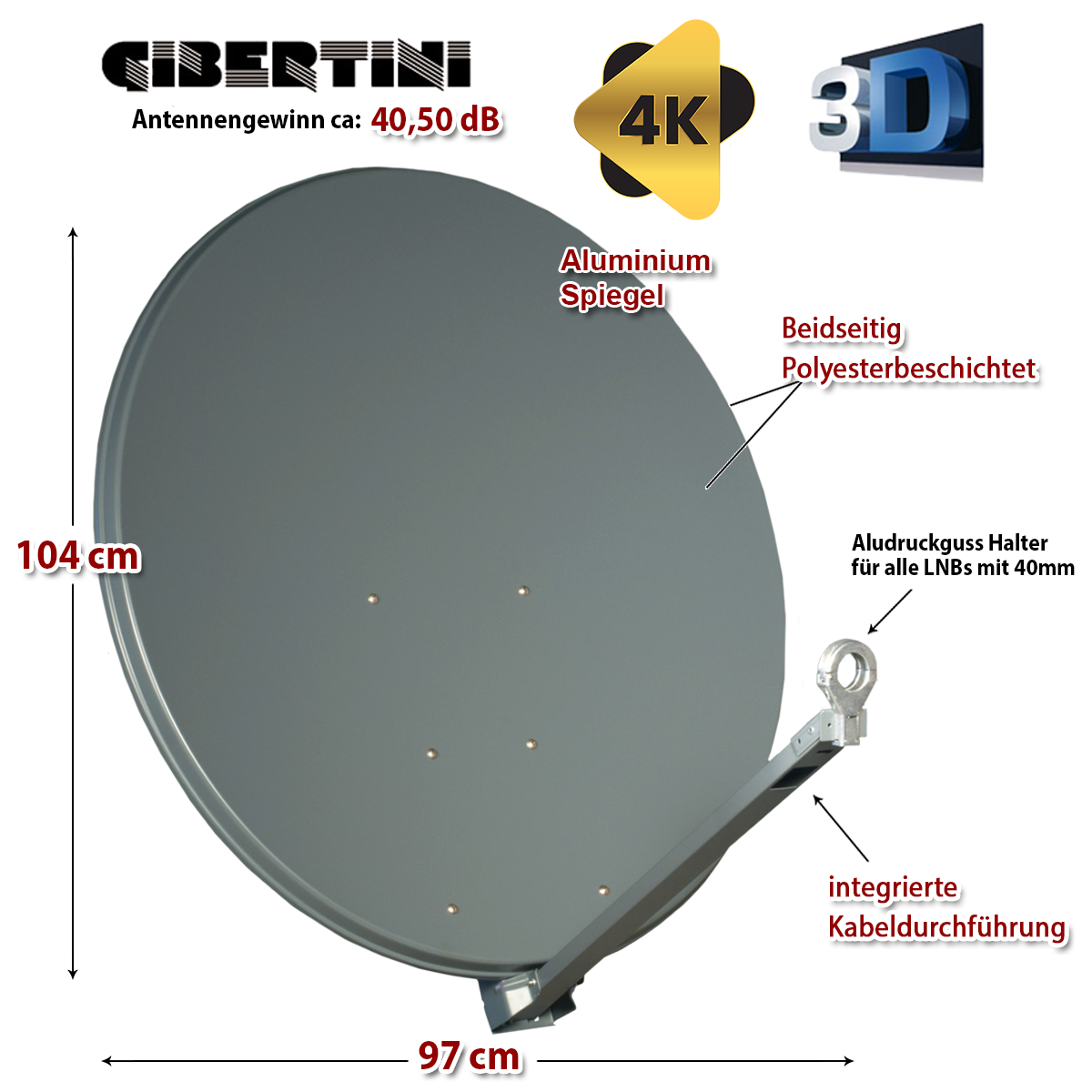 Graue Satellitenschüssel mit Beschriftungen, die Abmessungen, technische Daten und 4K- und 3D-Fähigkeit zeigen.