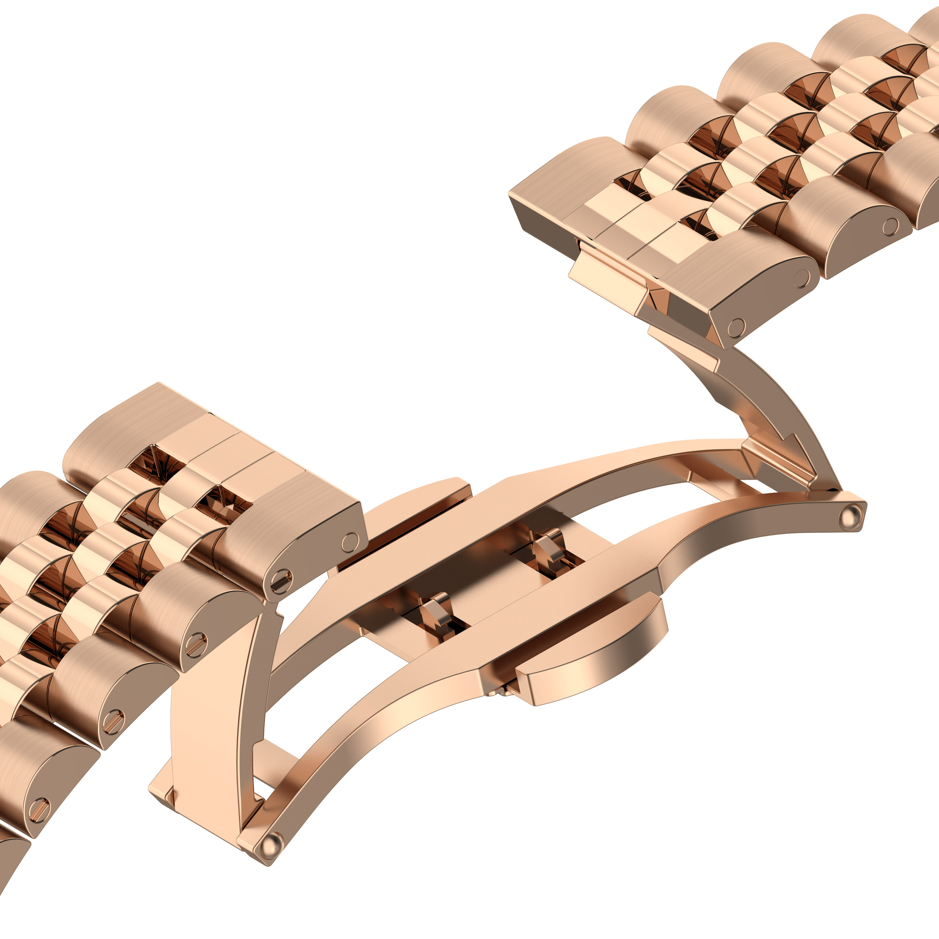 Roségoldene Uhrenarmband-Schließe. Detaillierte Ansicht des Schließmechanismus. Hochwertiges Metall.
