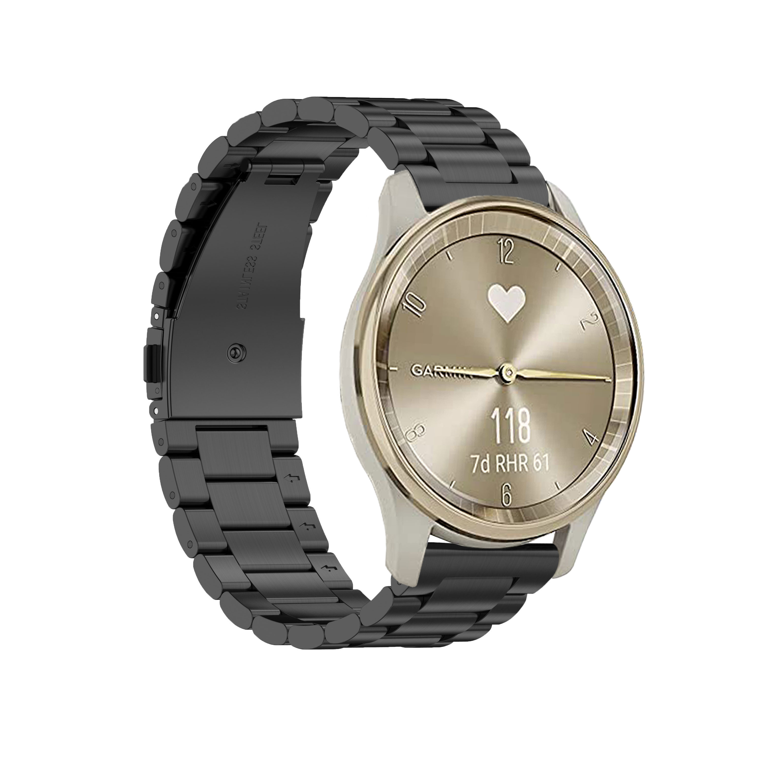 Schwarze und silberne Uhr mit schwarzem Armband. Garmin-Uhr mit Datendisplay und Metallband.