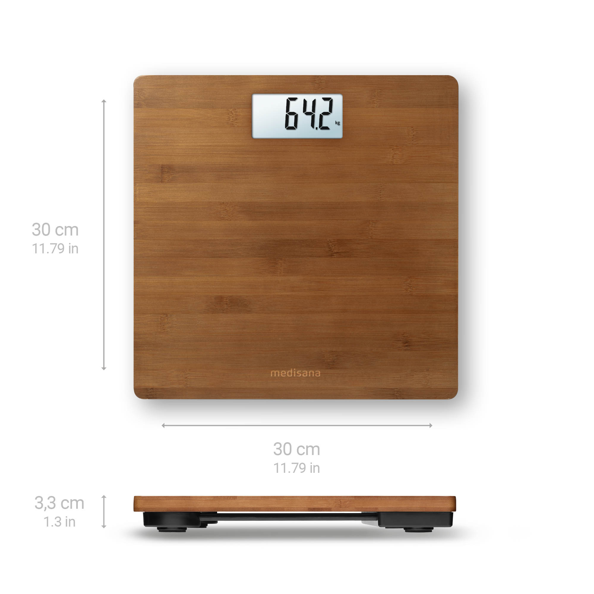 Báscula de baño de madera. Muestra 64,2 kg. Las medidas están en los laterales.