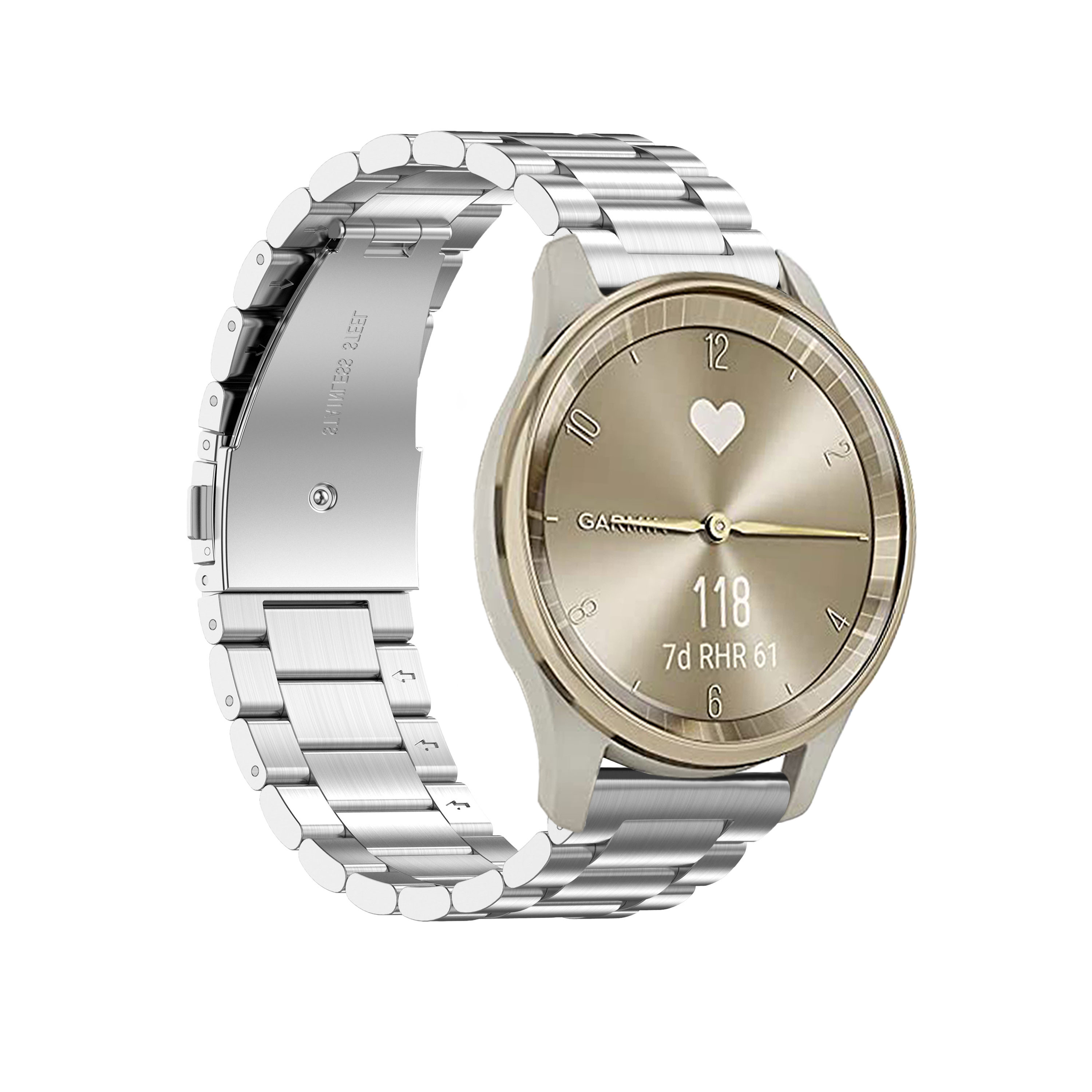 Silberne Smartwatch mit goldenem Zifferblatt, zeigt Zeit und Herzfrequenz, auf silbernem Band.