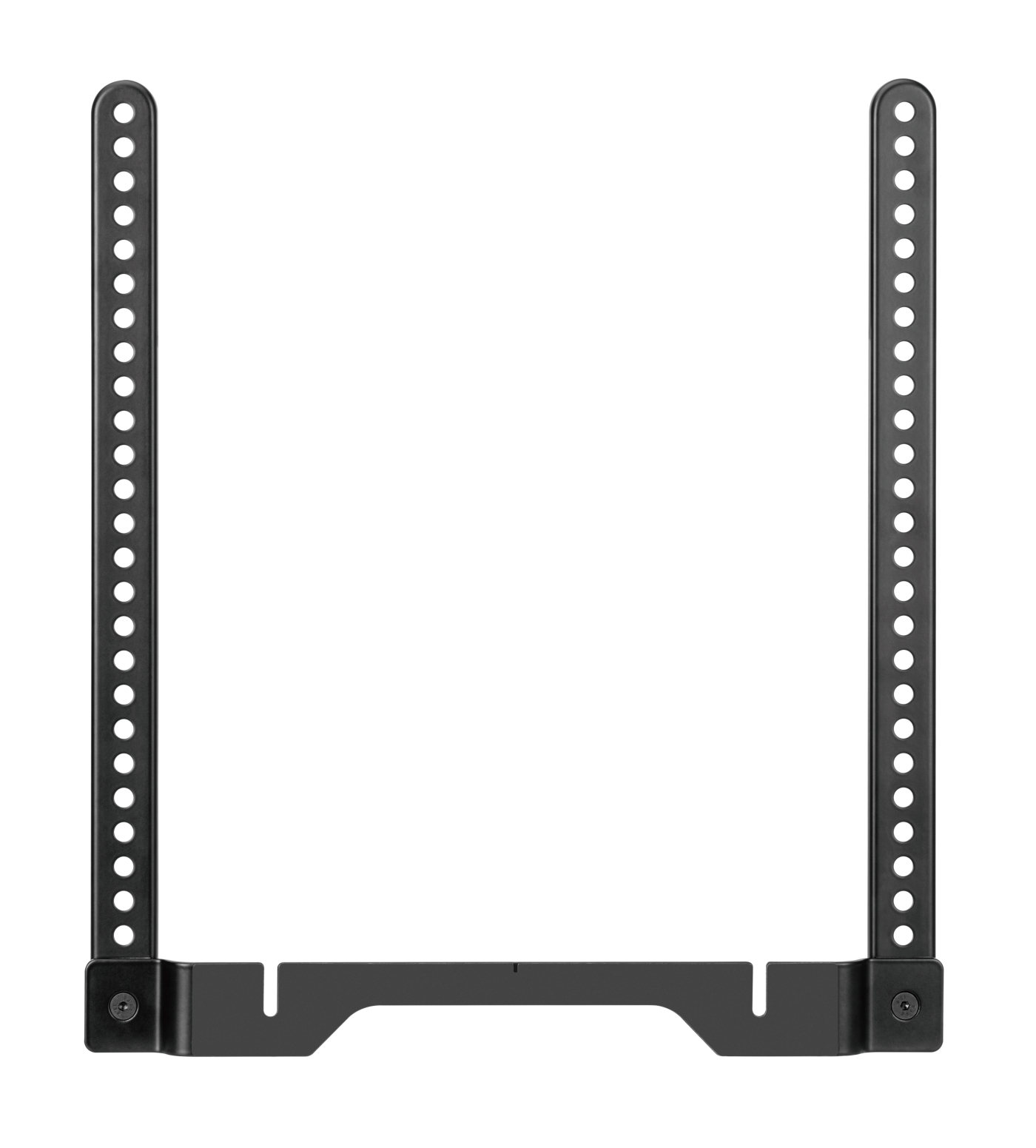 A black soundbar mount. It has two vertical pieces with holes, connected by a horizontal bar.