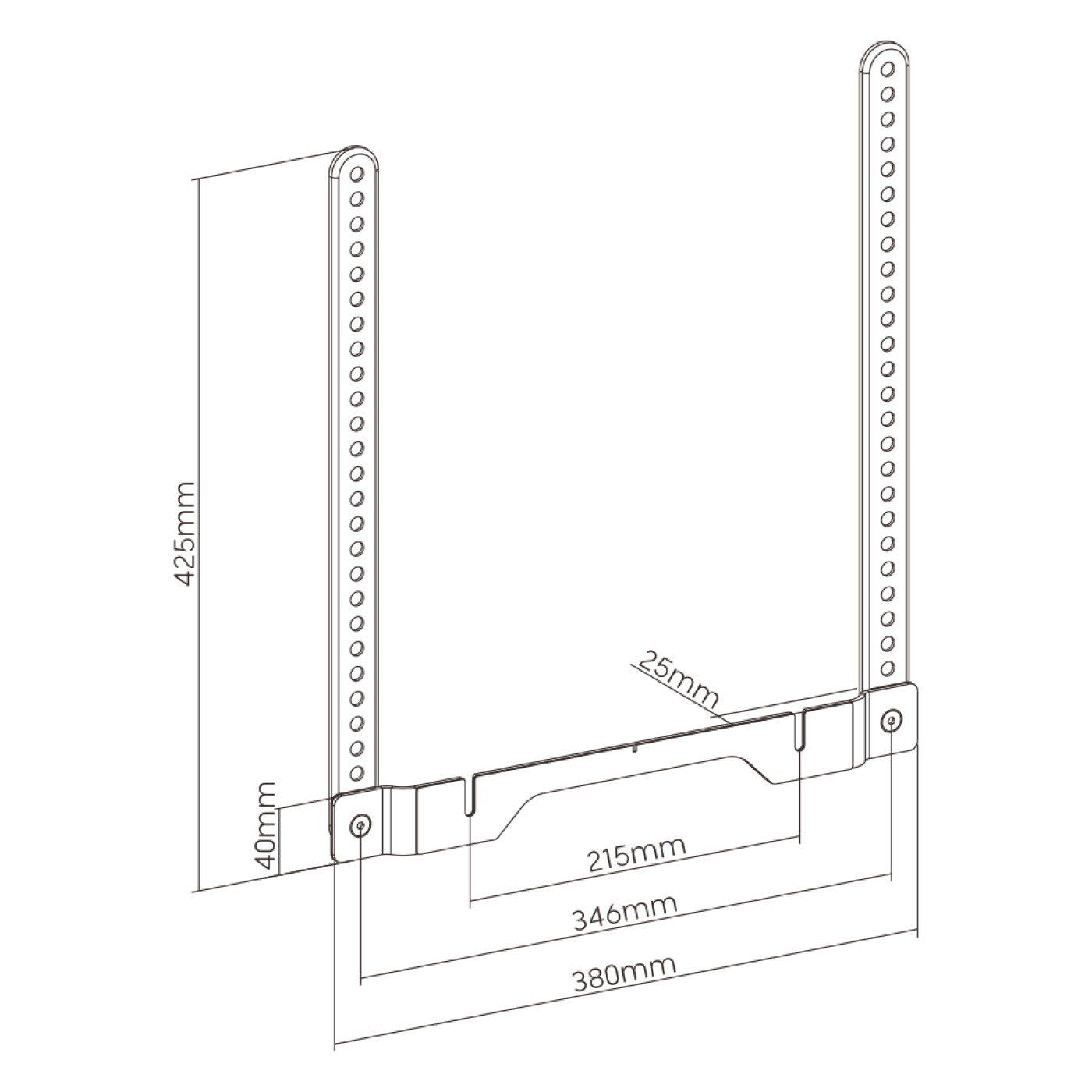 A black metal TV bracket with dimensions labeled in millimeters, against a white background.