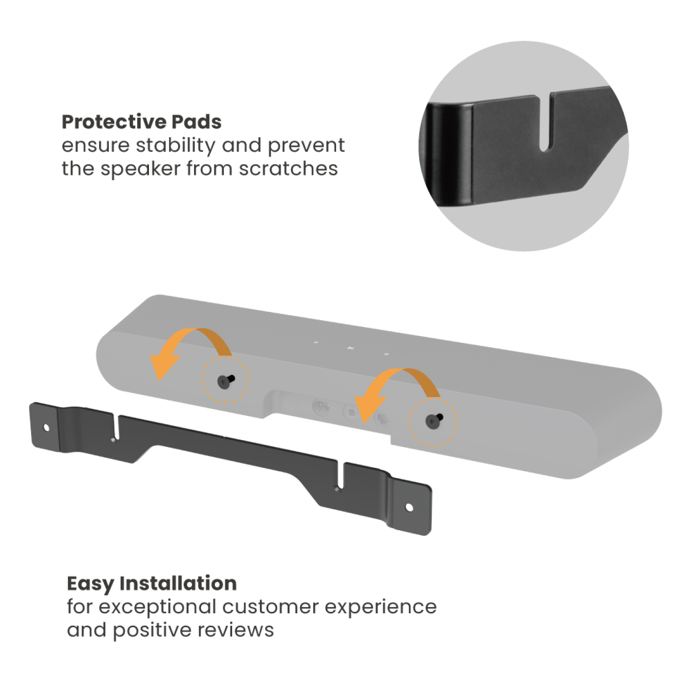 A speaker with mounting brackets, with text about stability and easy installation.