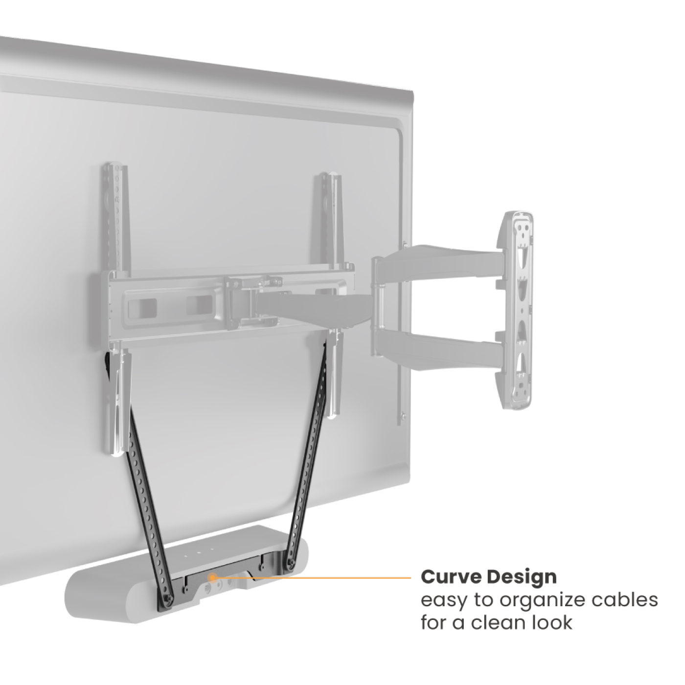 TV and mount, with curved soundbar. Text indicates the design helps organize cables for a clean look.