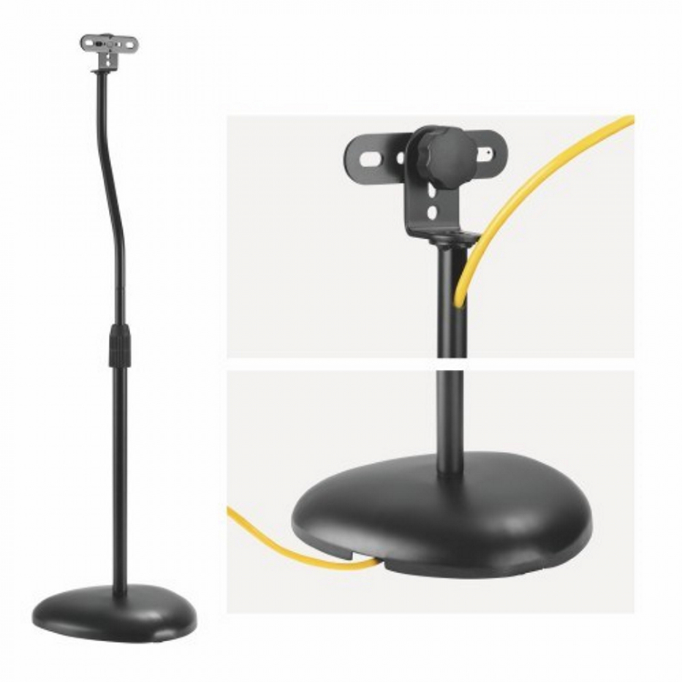 Black speaker stand with a yellow wire. Close up details, with a white background. The base is circular.