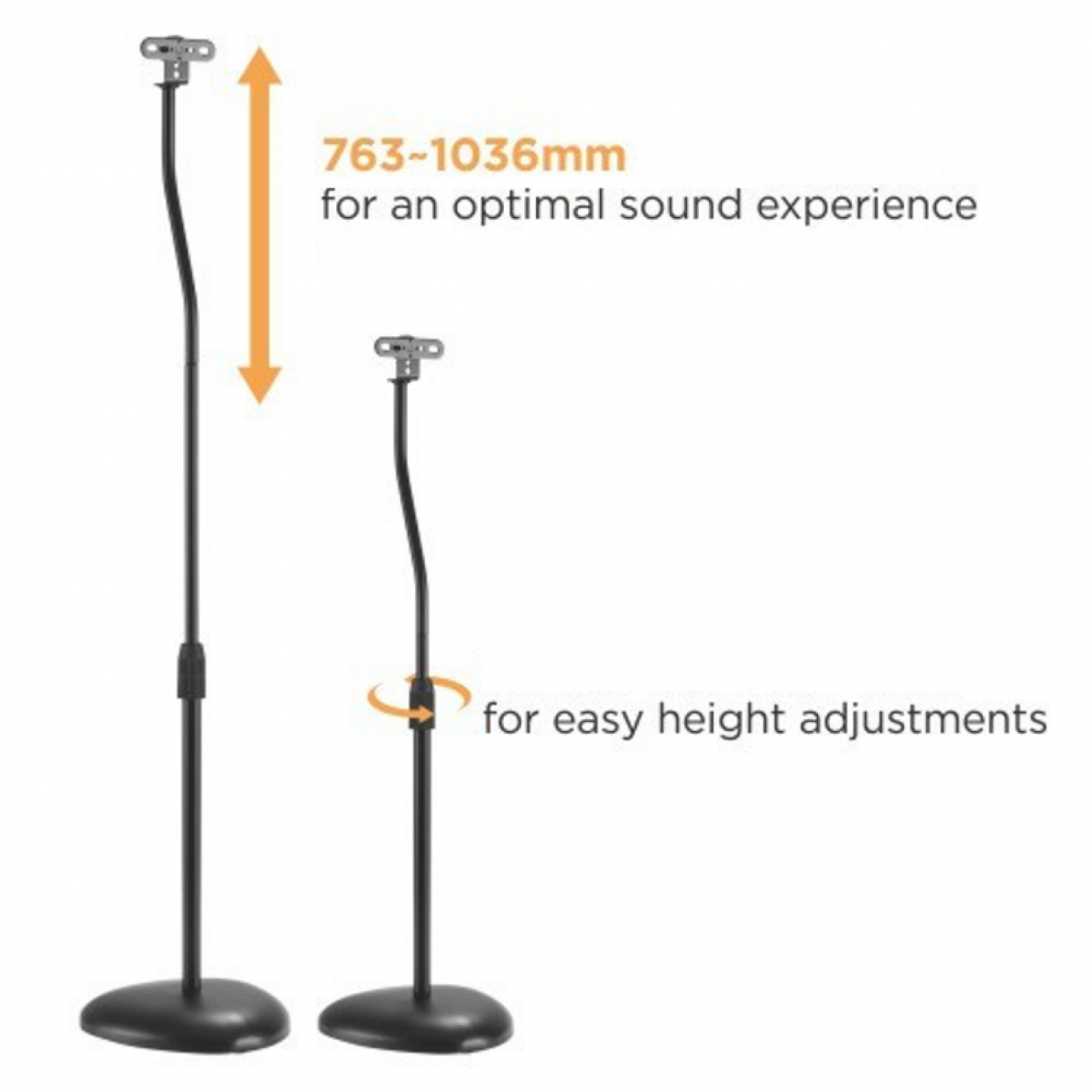Two black speaker stands with text indicating height adjustment and optimal sound experience.
